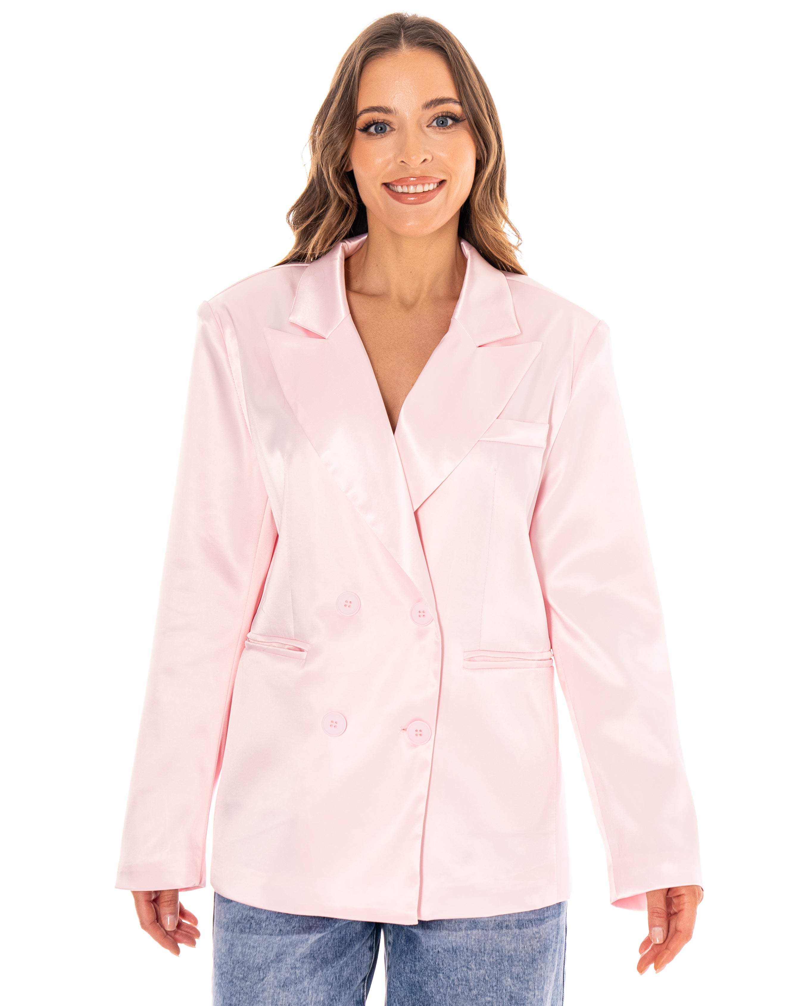 Satin Double-Breasted Blazer - Pink