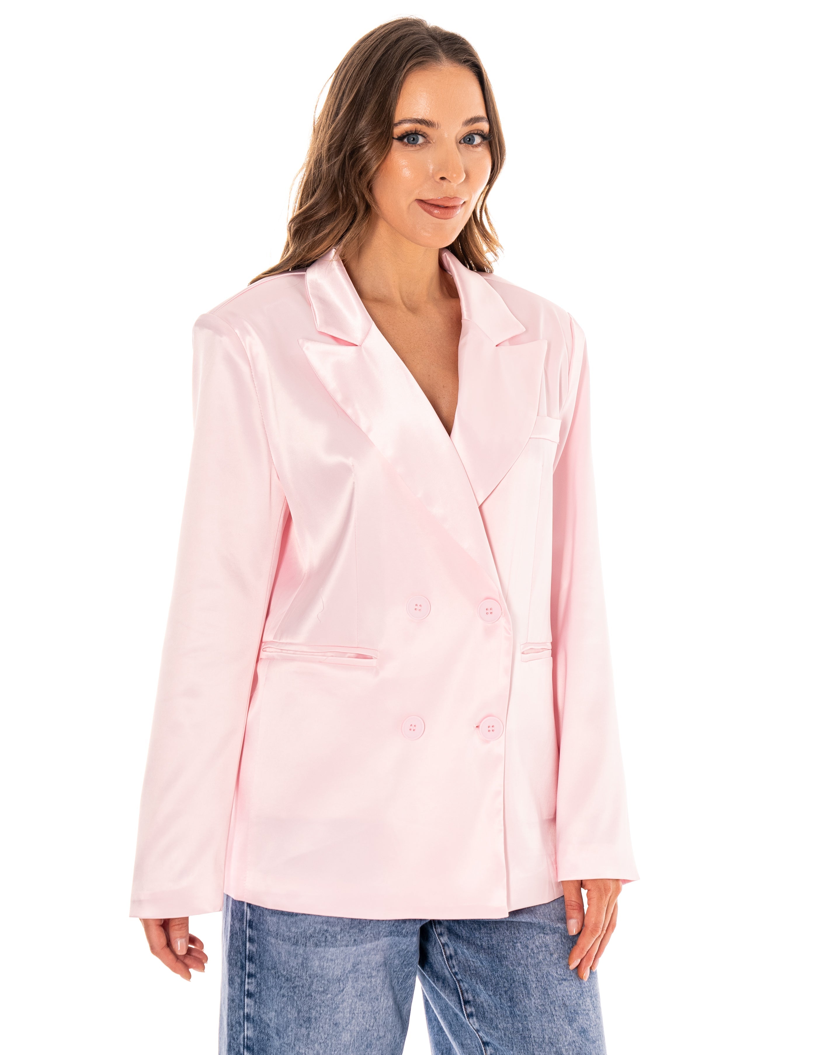 Satin Double-Breasted Blazer - Pink