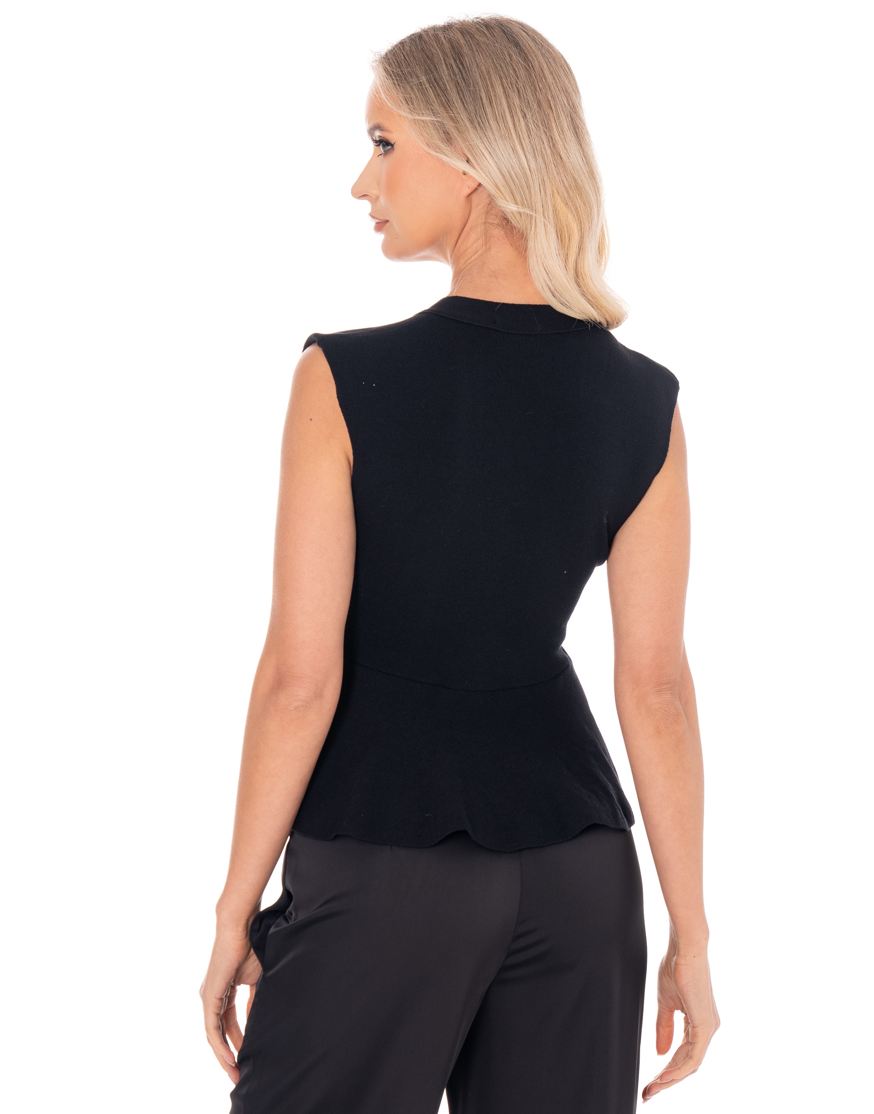 Peplum Button-Down Vest Top - Black
