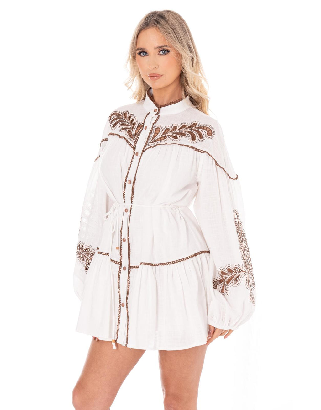 Embroidered Button-Down Mini Dress - White