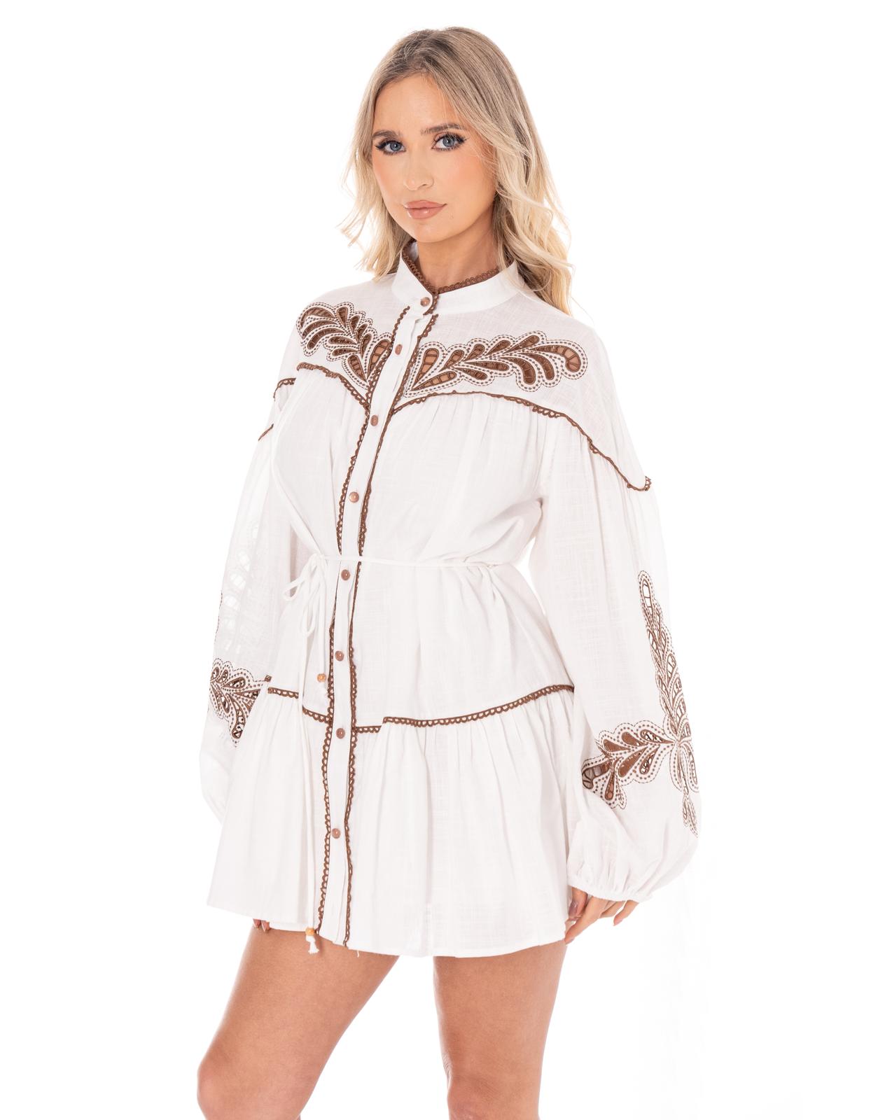 Embroidered Button-Down Mini Dress - White