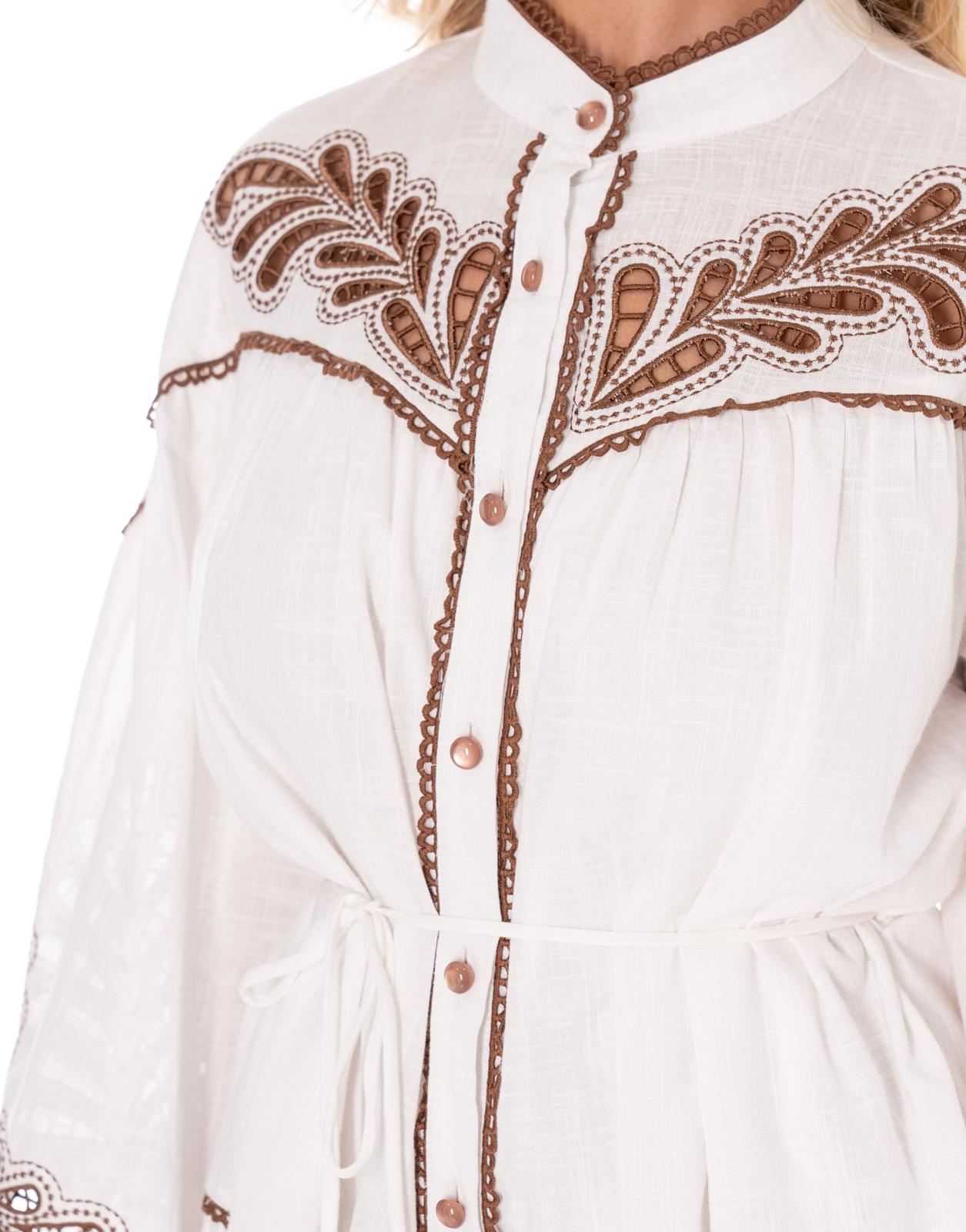 Embroidered Button-Down Mini Dress - White
