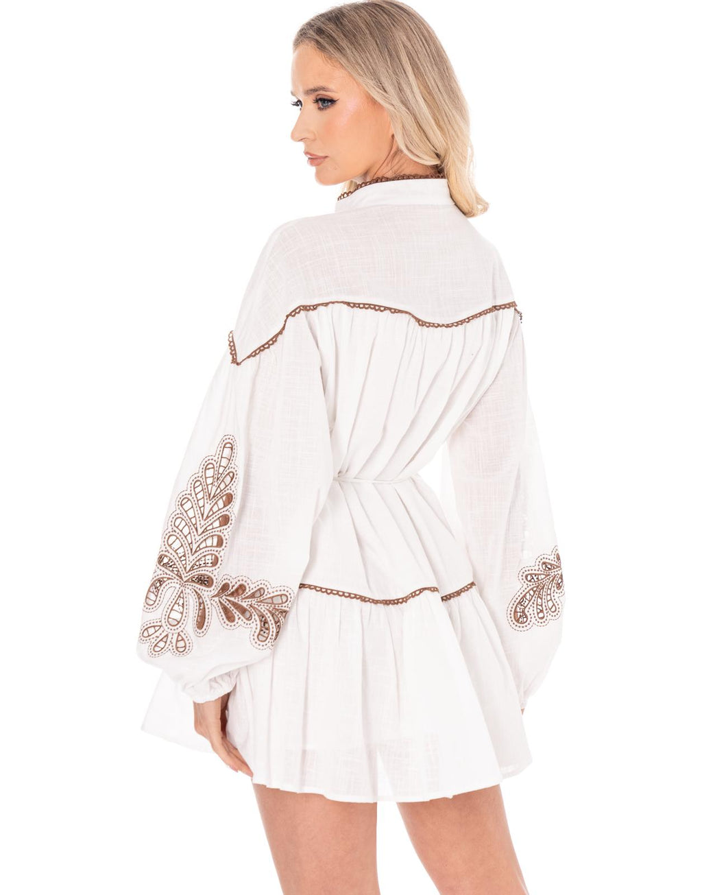 Embroidered Button-Down Mini Dress - White