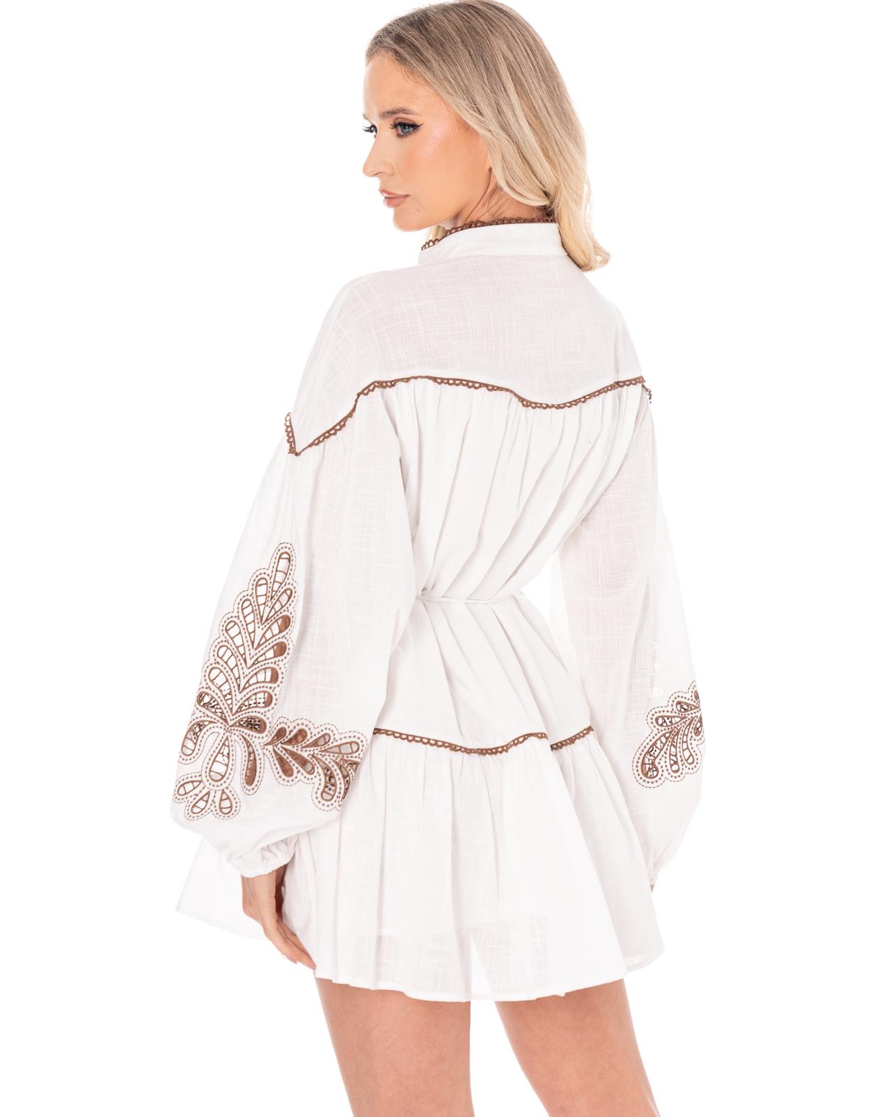 Embroidered Button-Down Mini Dress - White