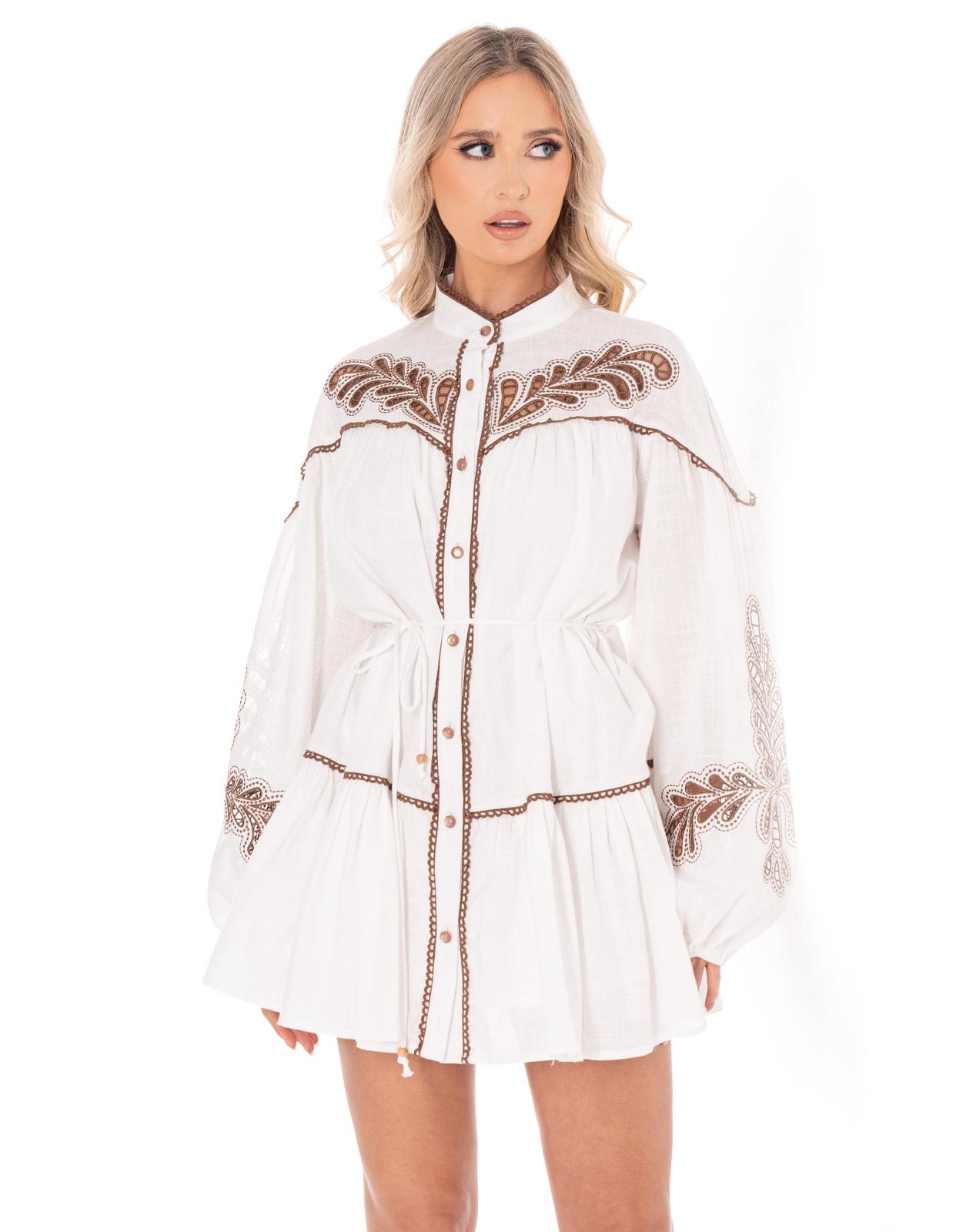 Embroidered Button-Down Mini Dress - White