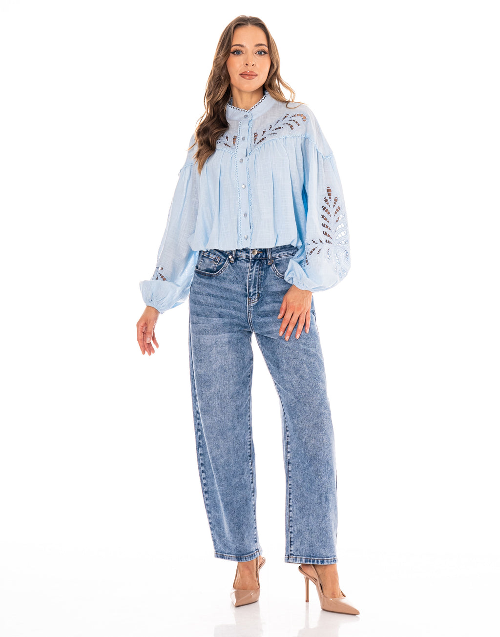 Eyelet Detail Button-Down Blouse - Light Blue