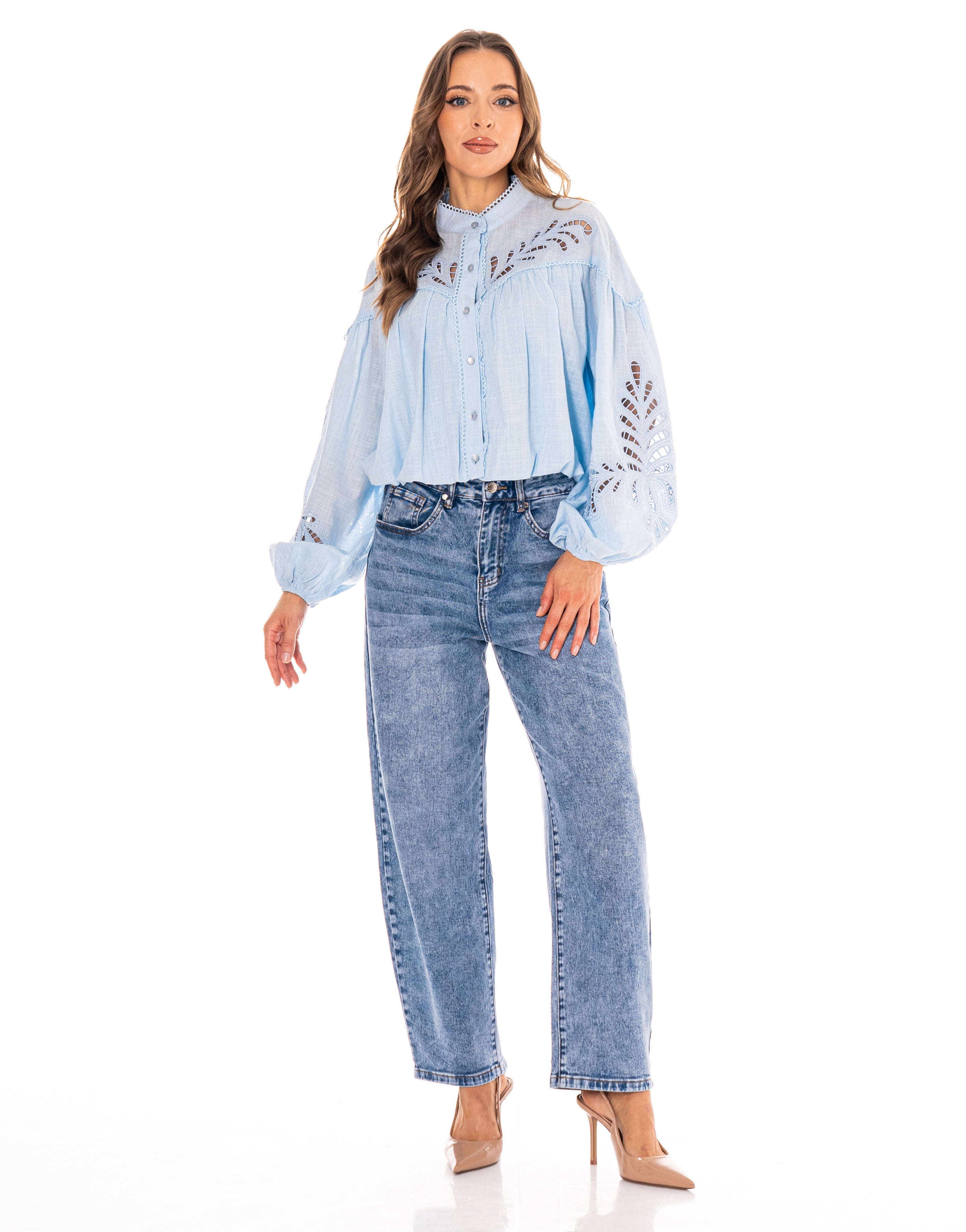 Eyelet Detail Button-Down Blouse - Light Blue