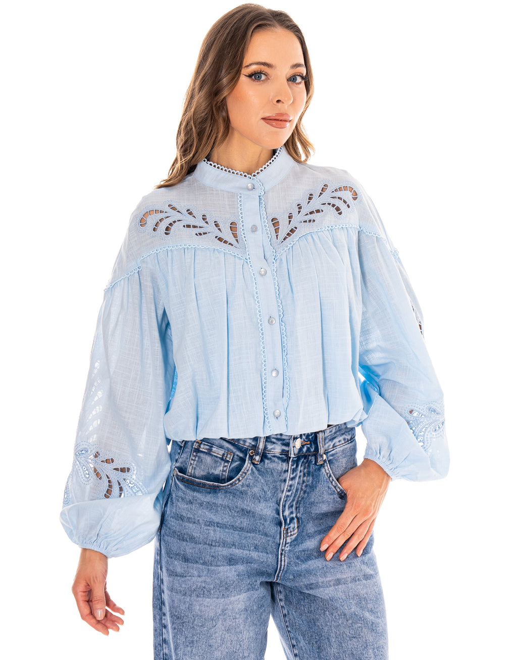 Eyelet Detail Button-Down Blouse - Light Blue
