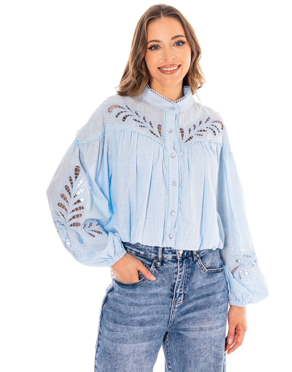 Eyelet Detail Button-Down Blouse - Light Blue