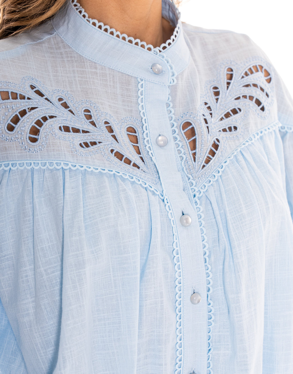 Eyelet Detail Button-Down Blouse - Light Blue