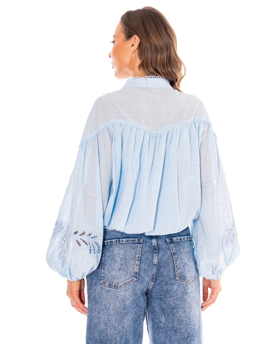 Eyelet Detail Button-Down Blouse - Light Blue