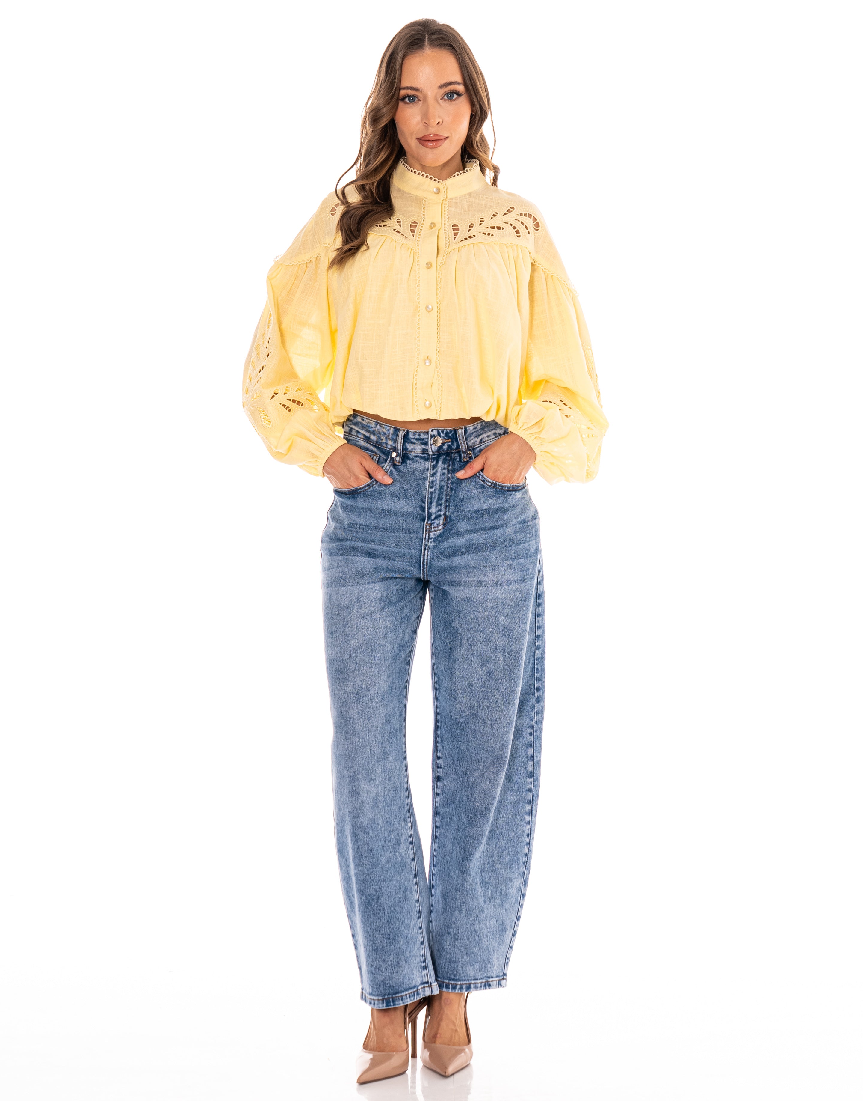 Eyelet Detail Button-Down Blouse - Yellow