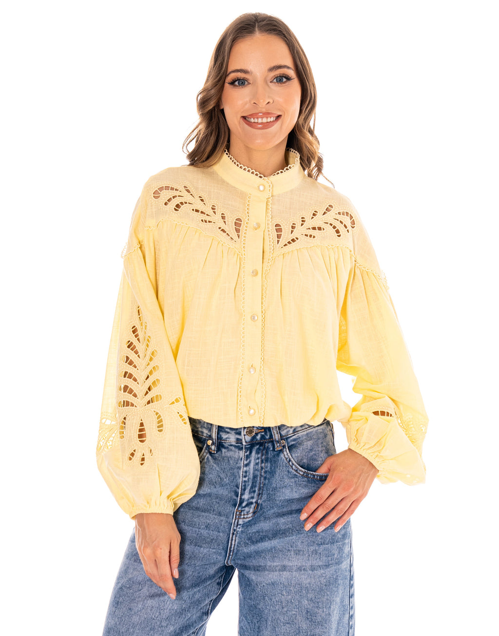 Eyelet Detail Button-Down Blouse - Yellow