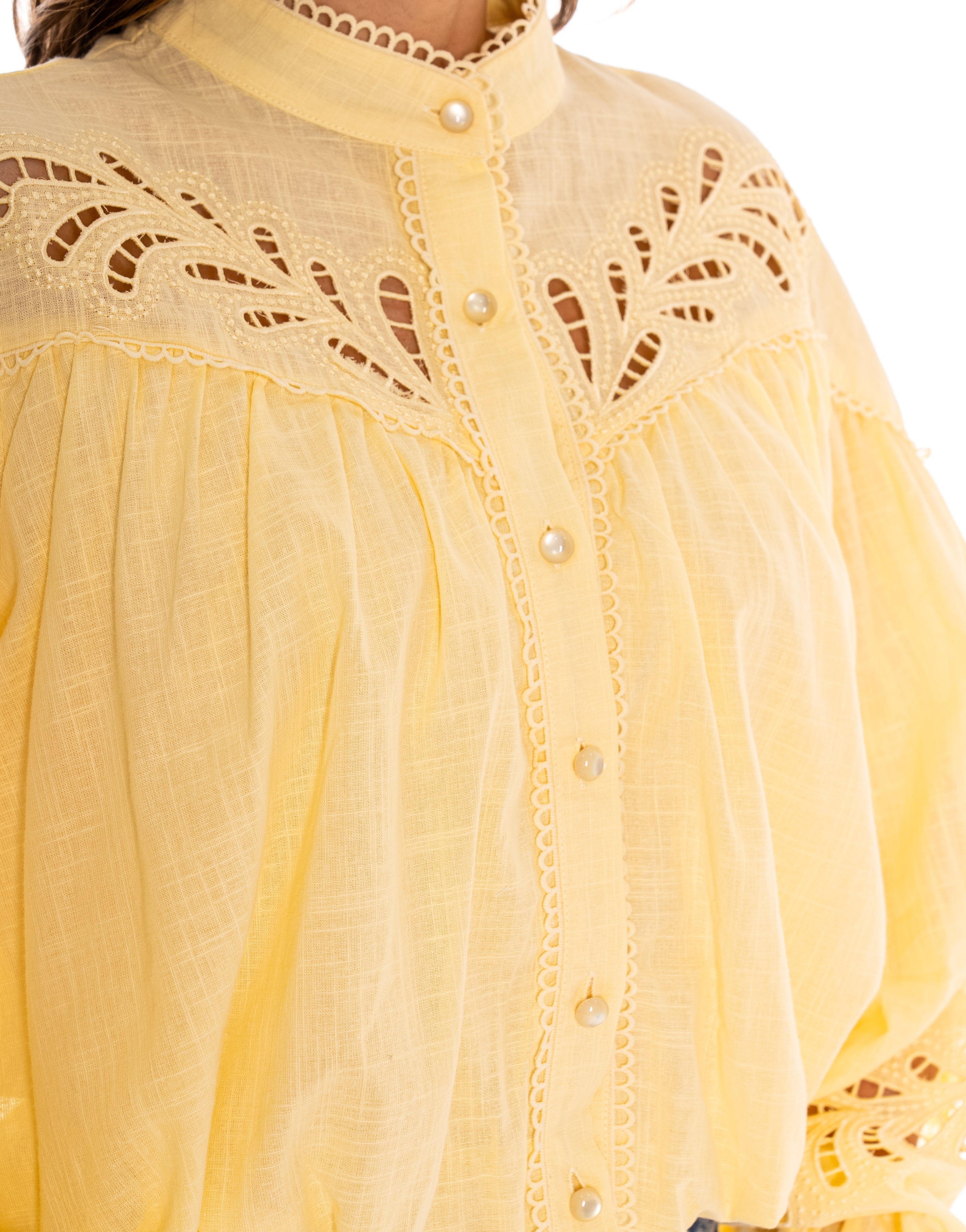 Eyelet Detail Button-Down Blouse - Yellow