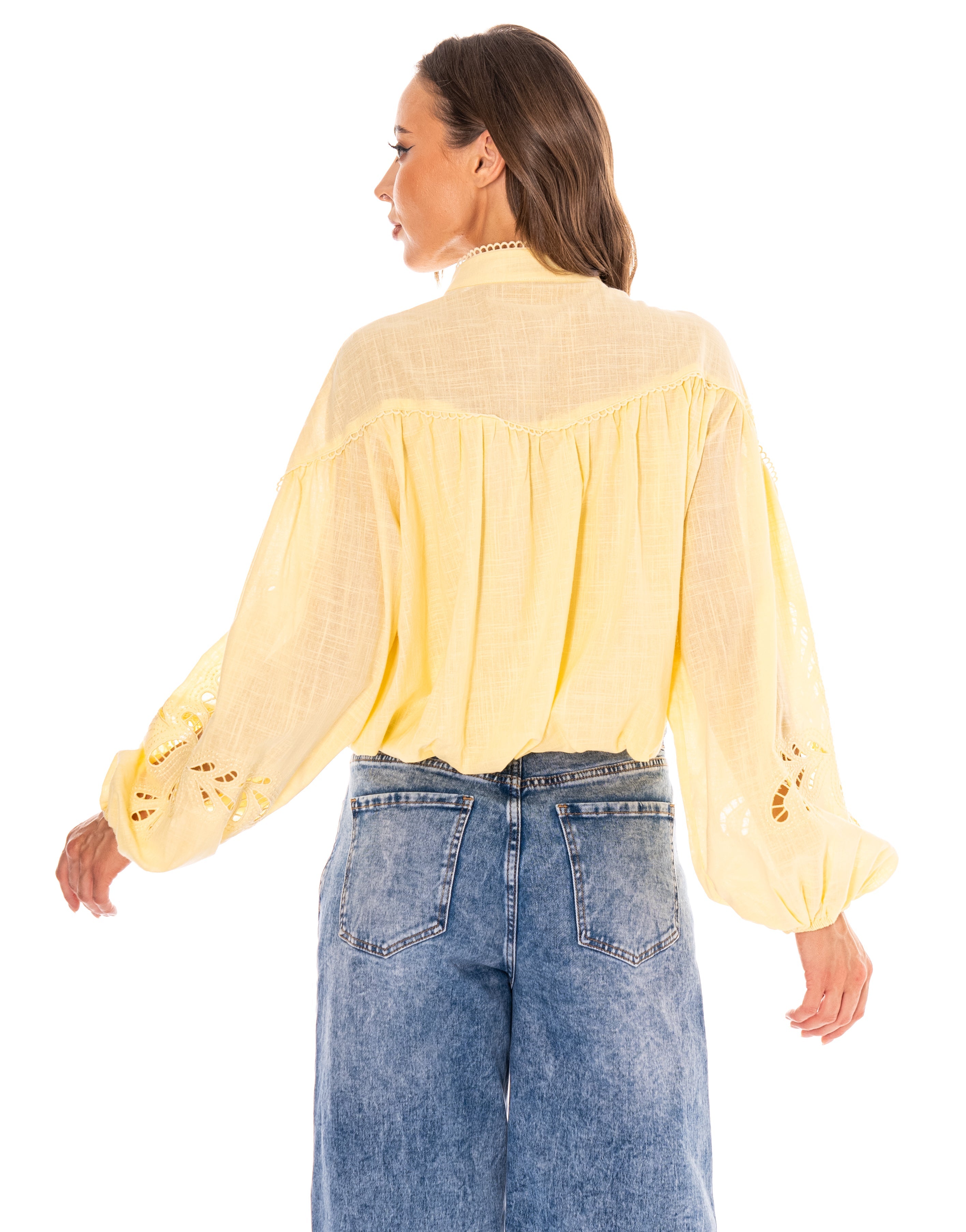 Eyelet Detail Button-Down Blouse - Yellow