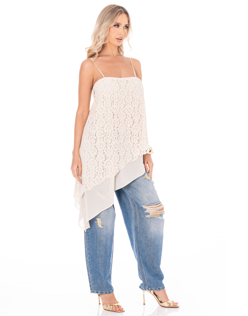 Asymmetric Lace Tank Top - Beige