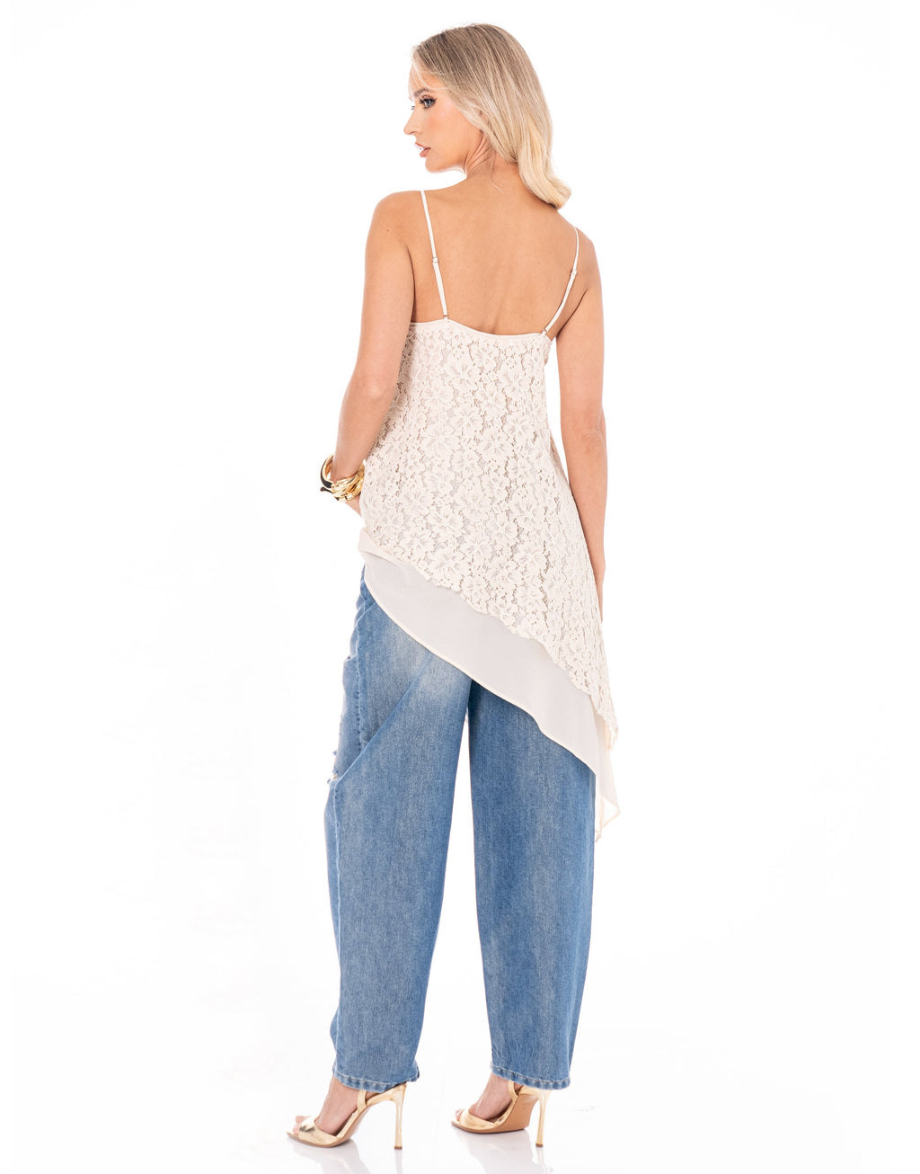 Asymmetric Lace Tank Top - Beige