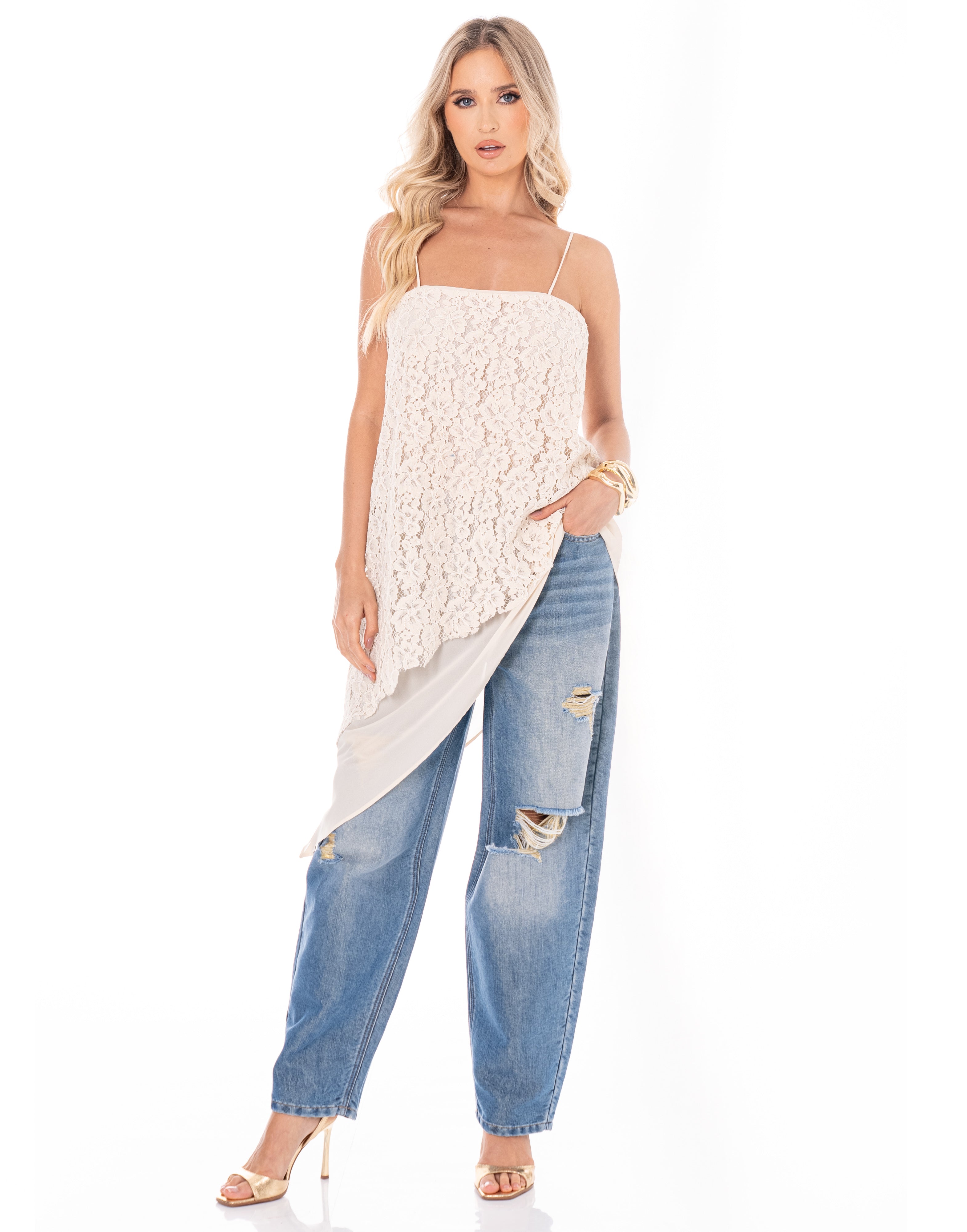 Asymmetric Lace Tank Top - Beige