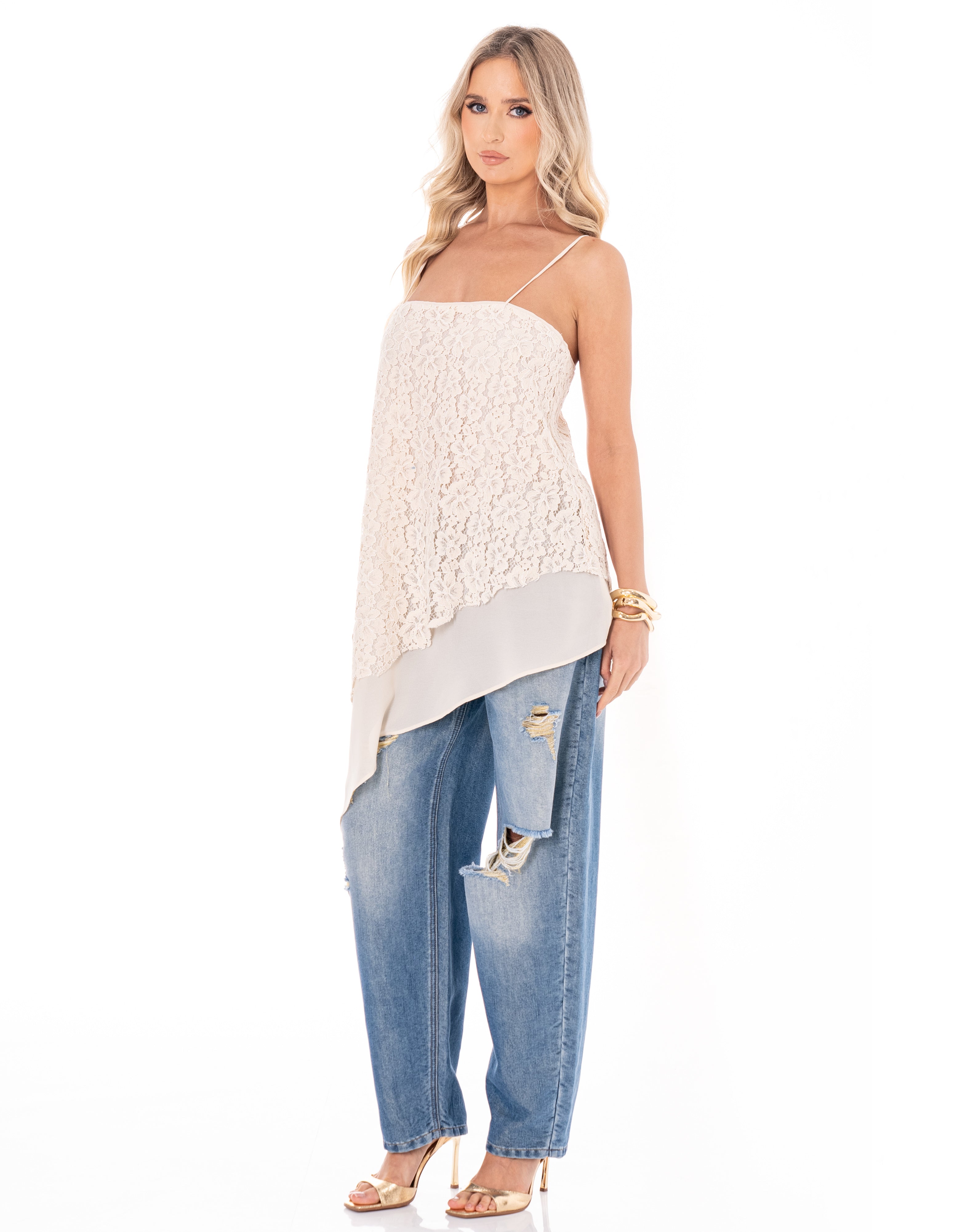 Asymmetric Lace Tank Top - Beige