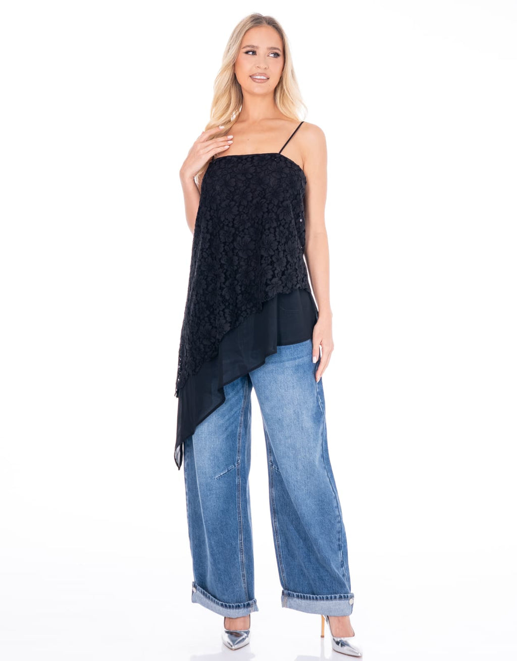 Asymmetric Lace Tank Top - Black