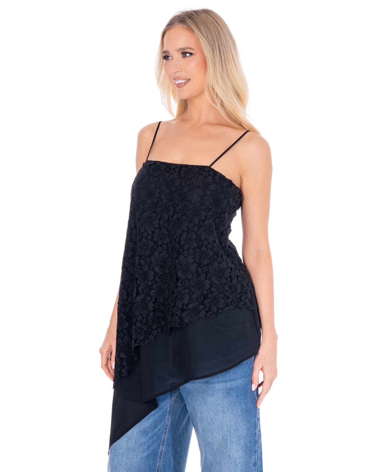Asymmetric Lace Tank Top - Black