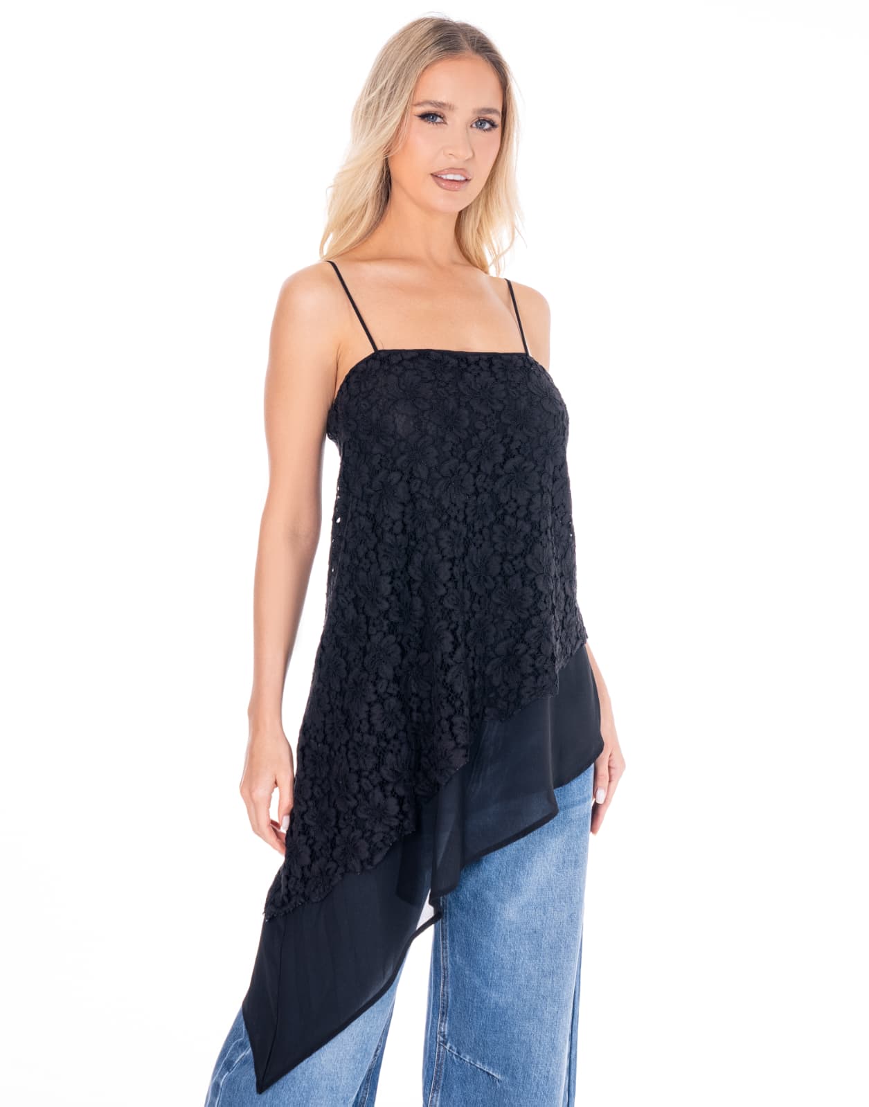 Asymmetric Lace Tank Top - Black