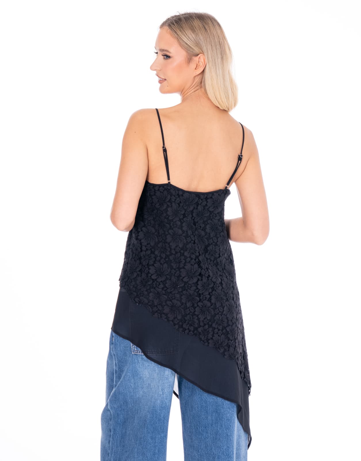 Asymmetric Lace Tank Top - Black
