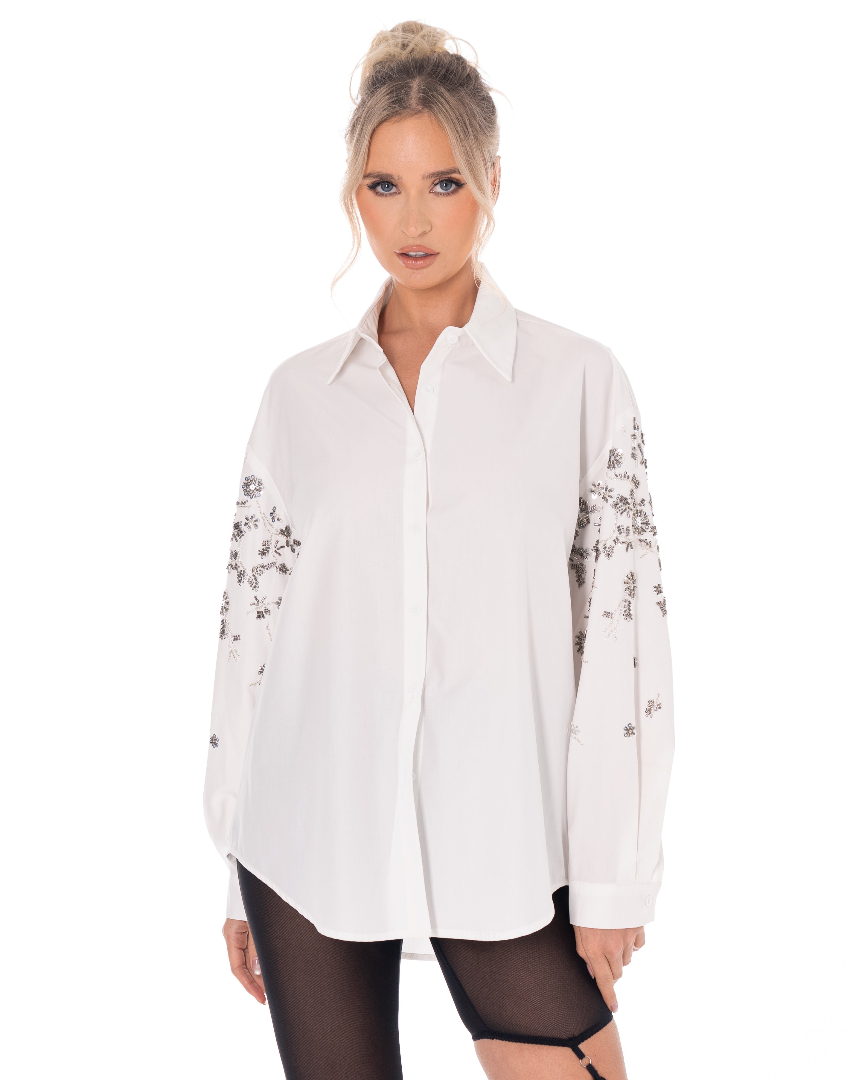Embroidered Long-Sleeve Button-Down - White