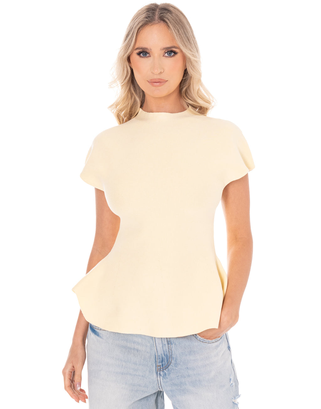 Structured Peplum Short-Sleeve Top - Yellow