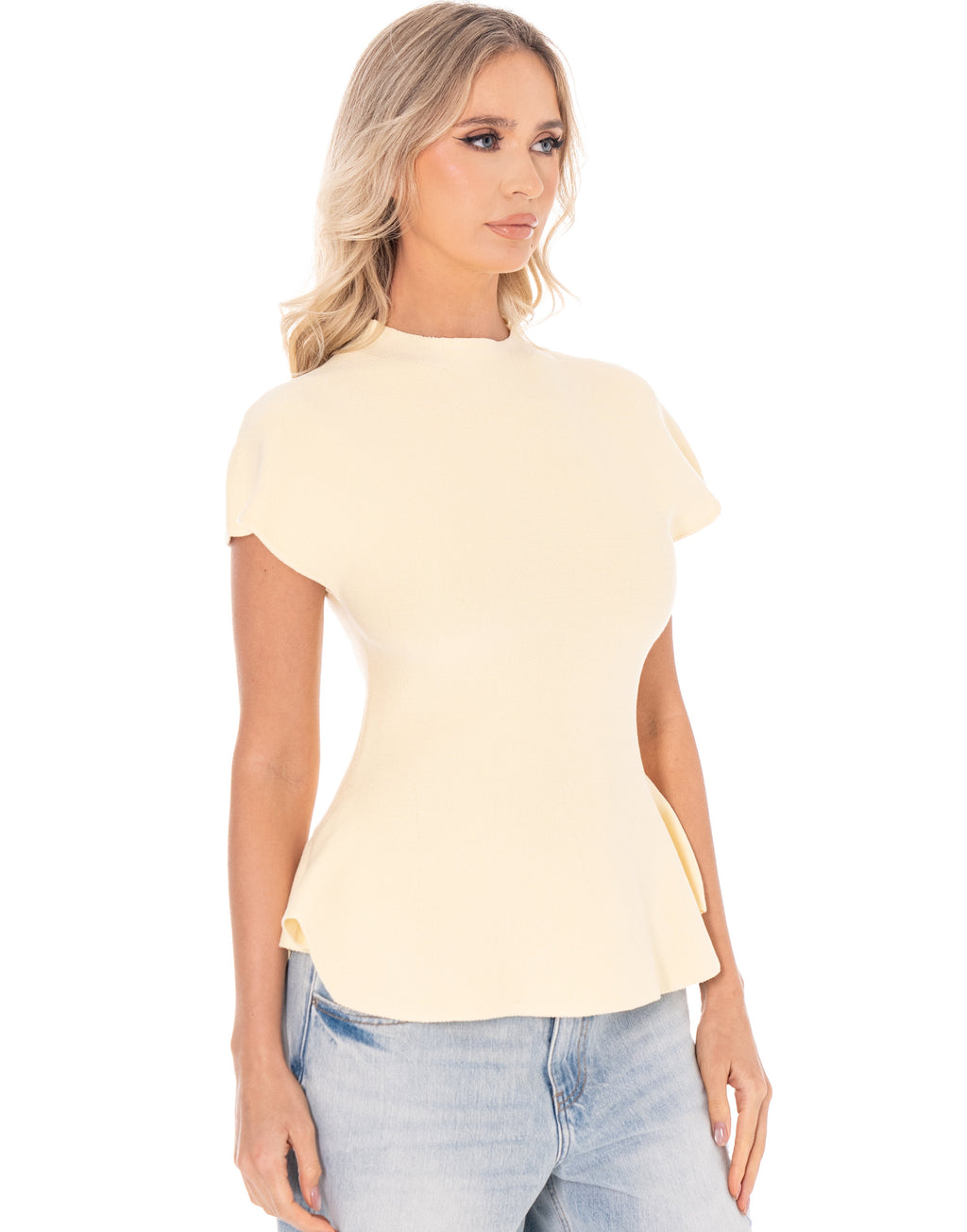 Structured Peplum Short-Sleeve Top - Yellow