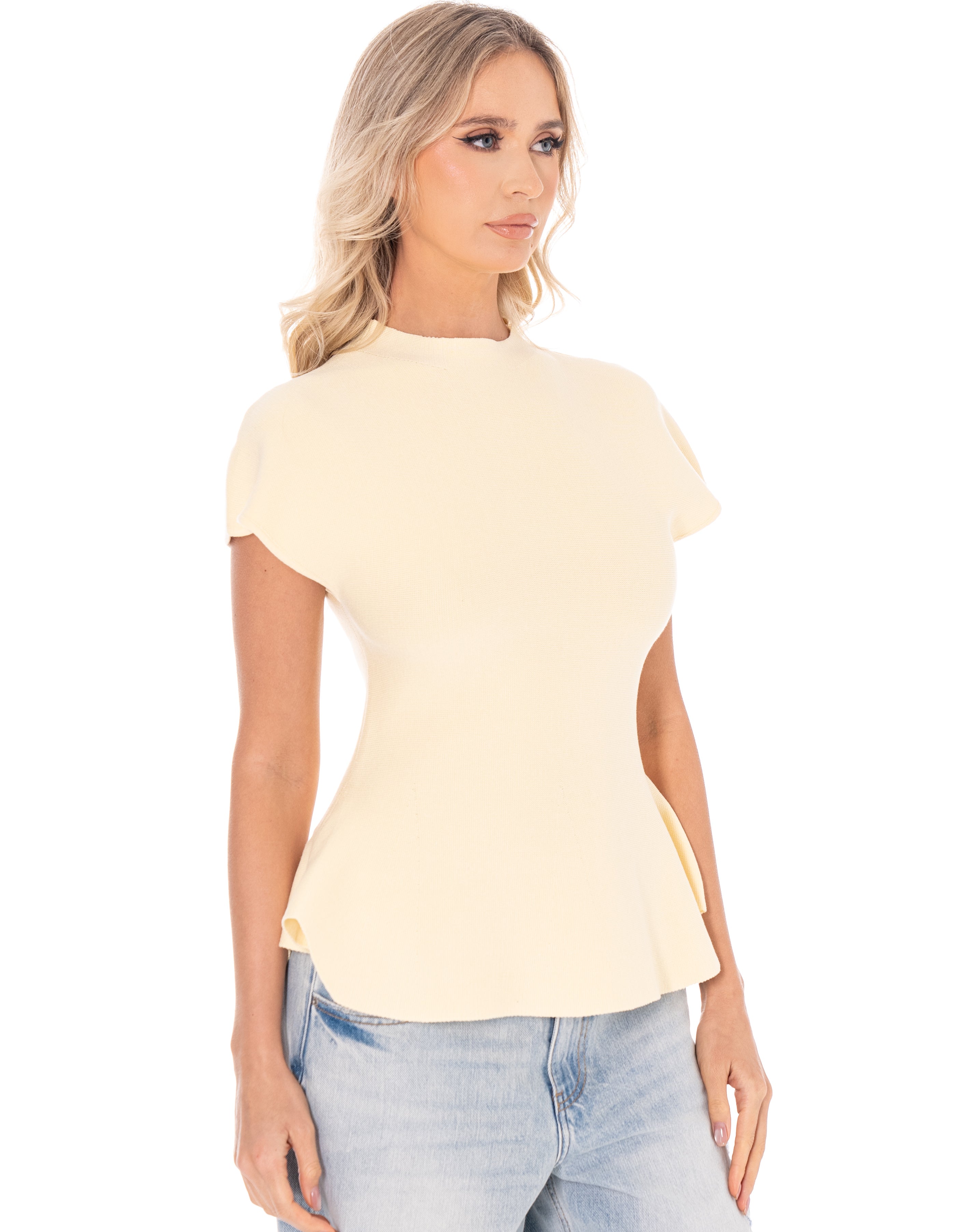 Structured Peplum Short-Sleeve Top - Yellow