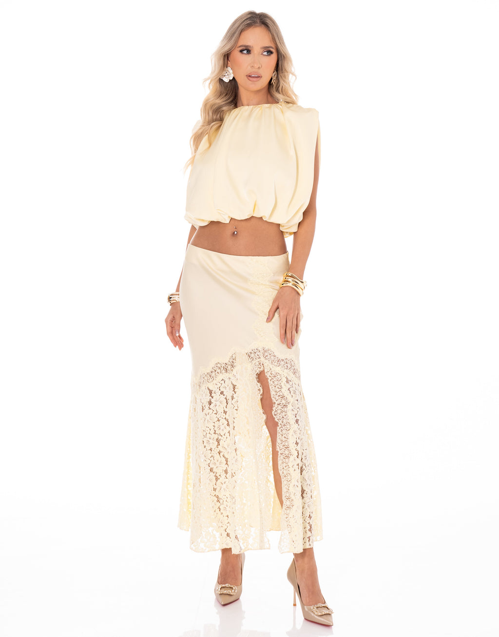 Lace Detail Skirt and Blouse Set - Yellow