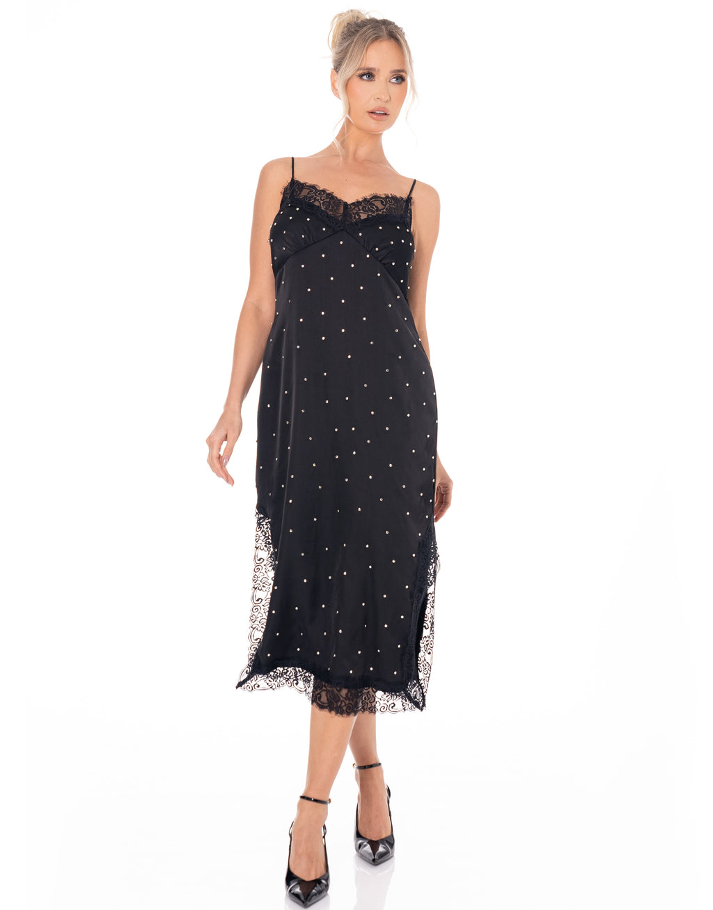Lace-Trim Midi Black Dress - Black