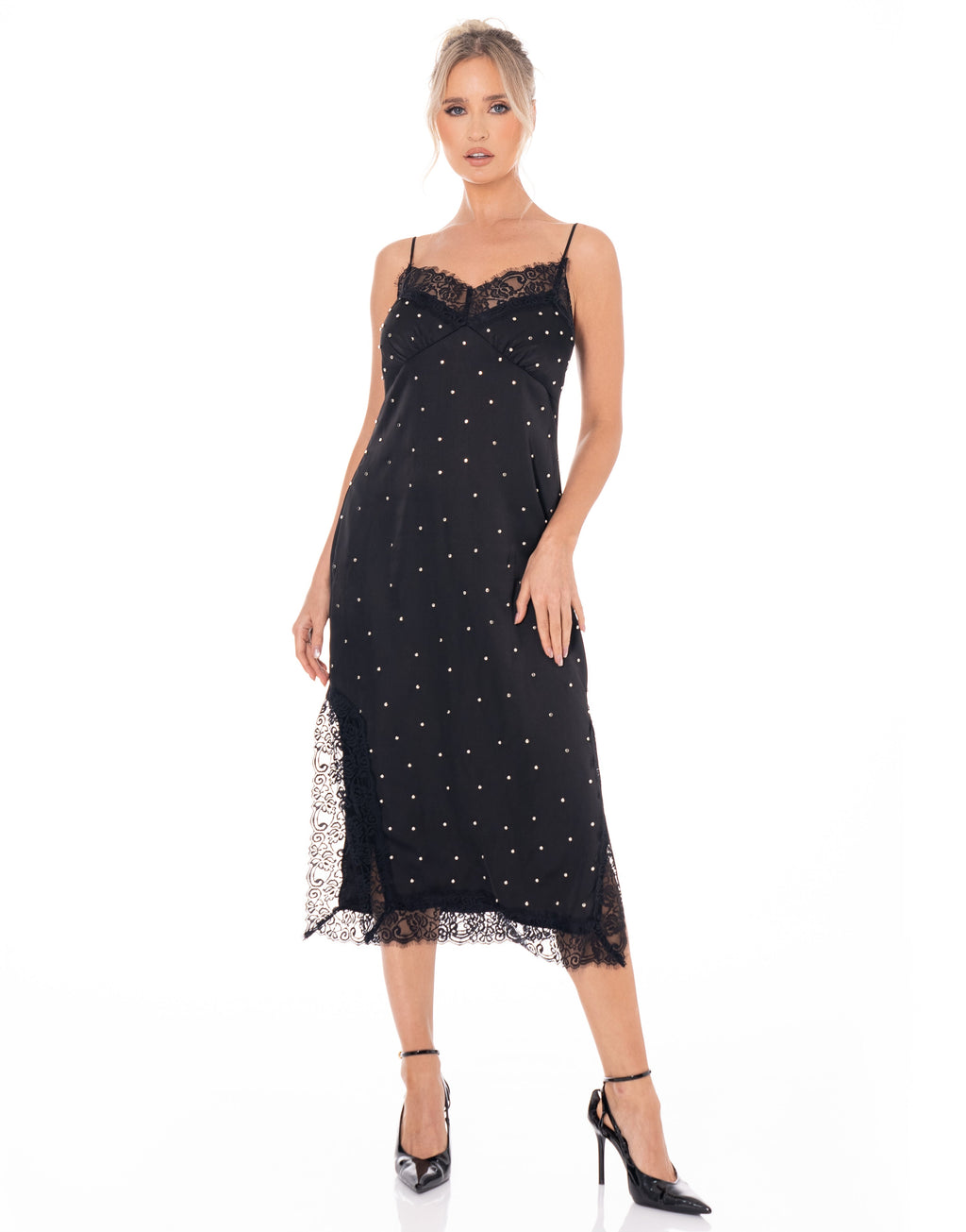 Lace-Trim Midi Black Dress - Black