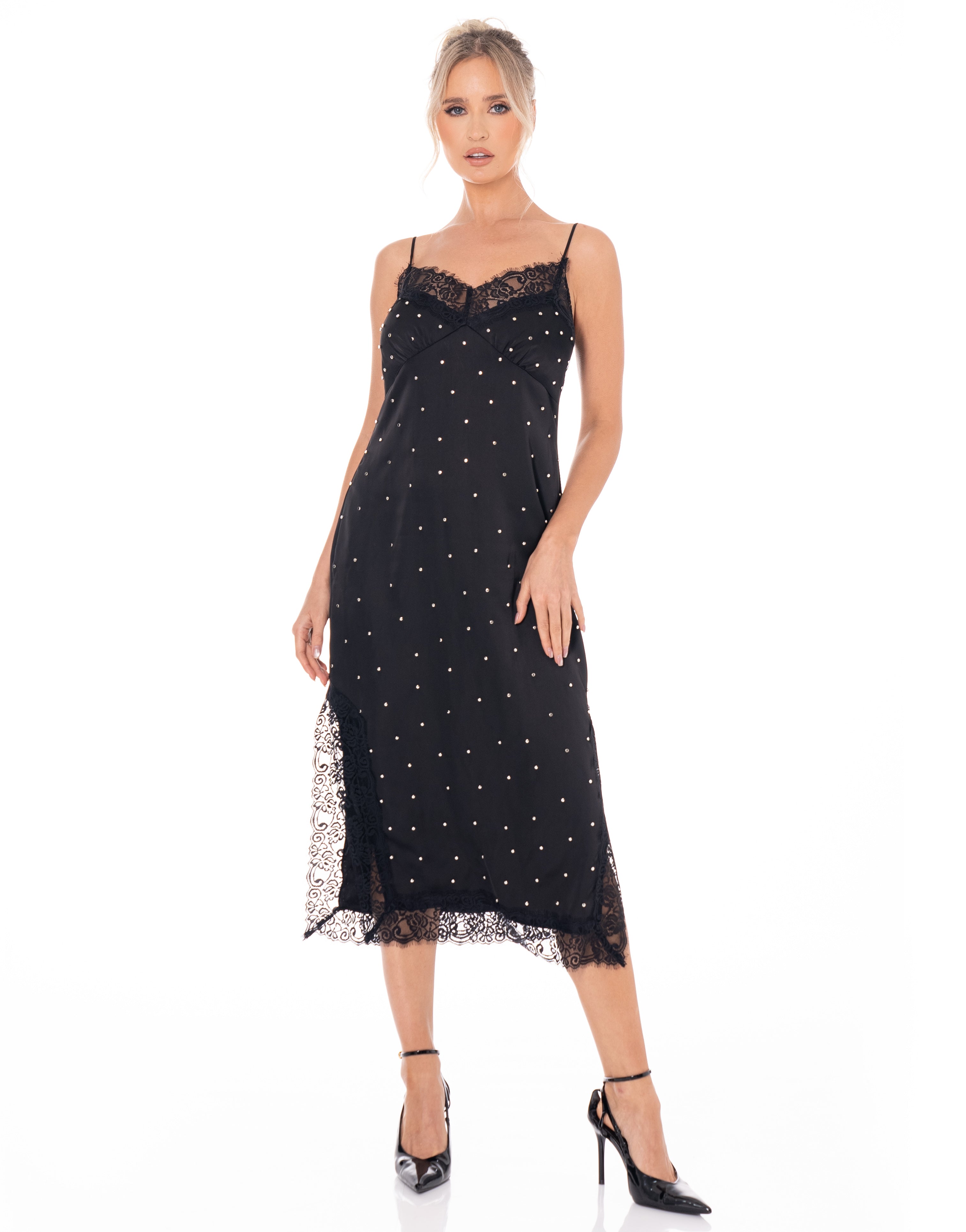 Lace-Trim Midi Black Dress - Black