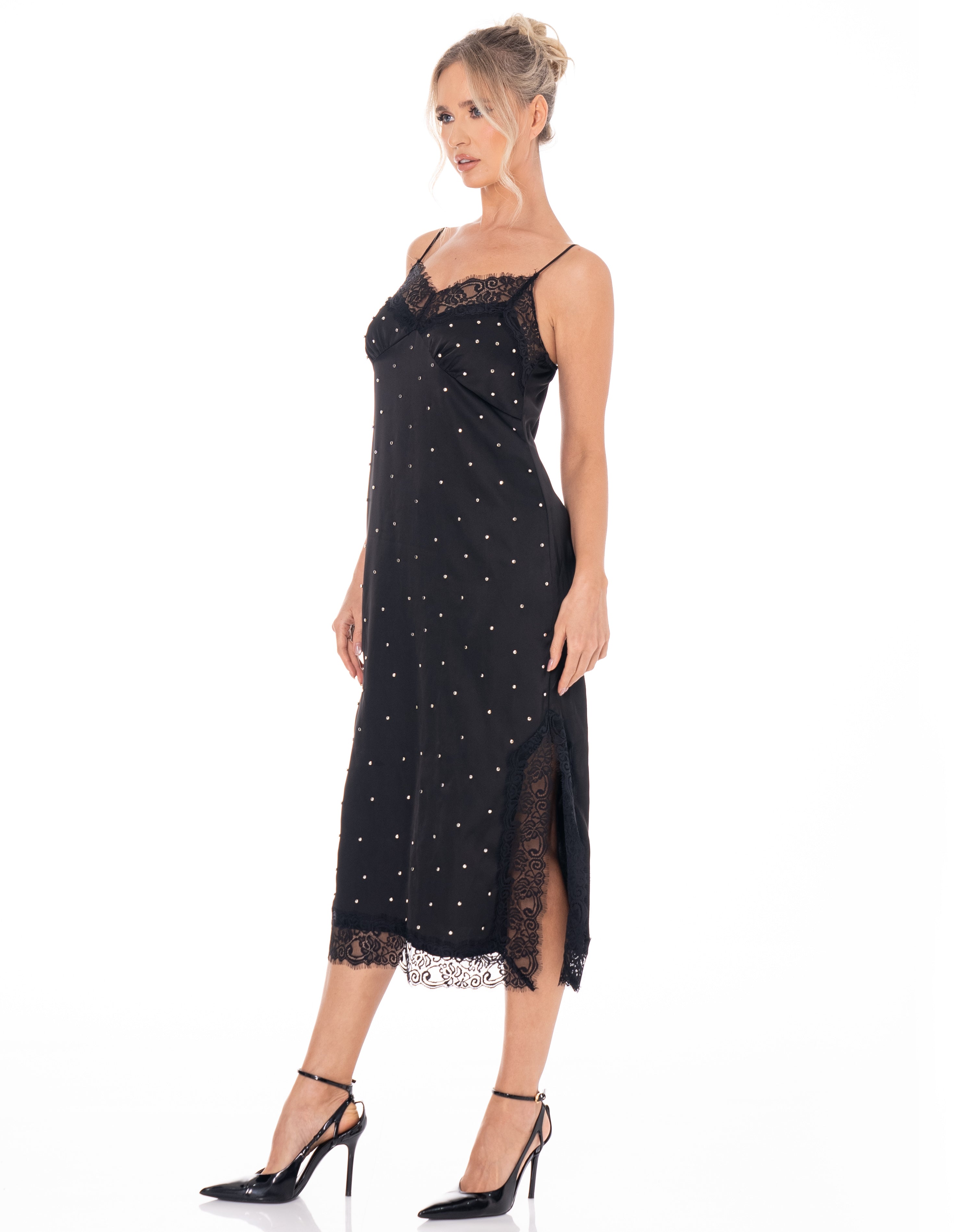 Lace-Trim Midi Black Dress - Black