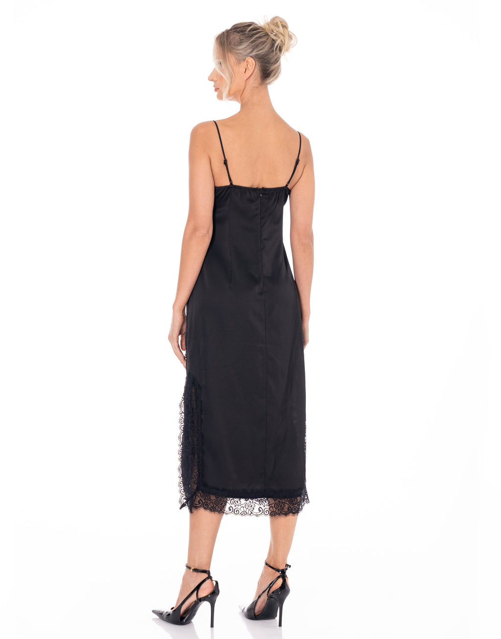 Lace-Trim Midi Black Dress - Black