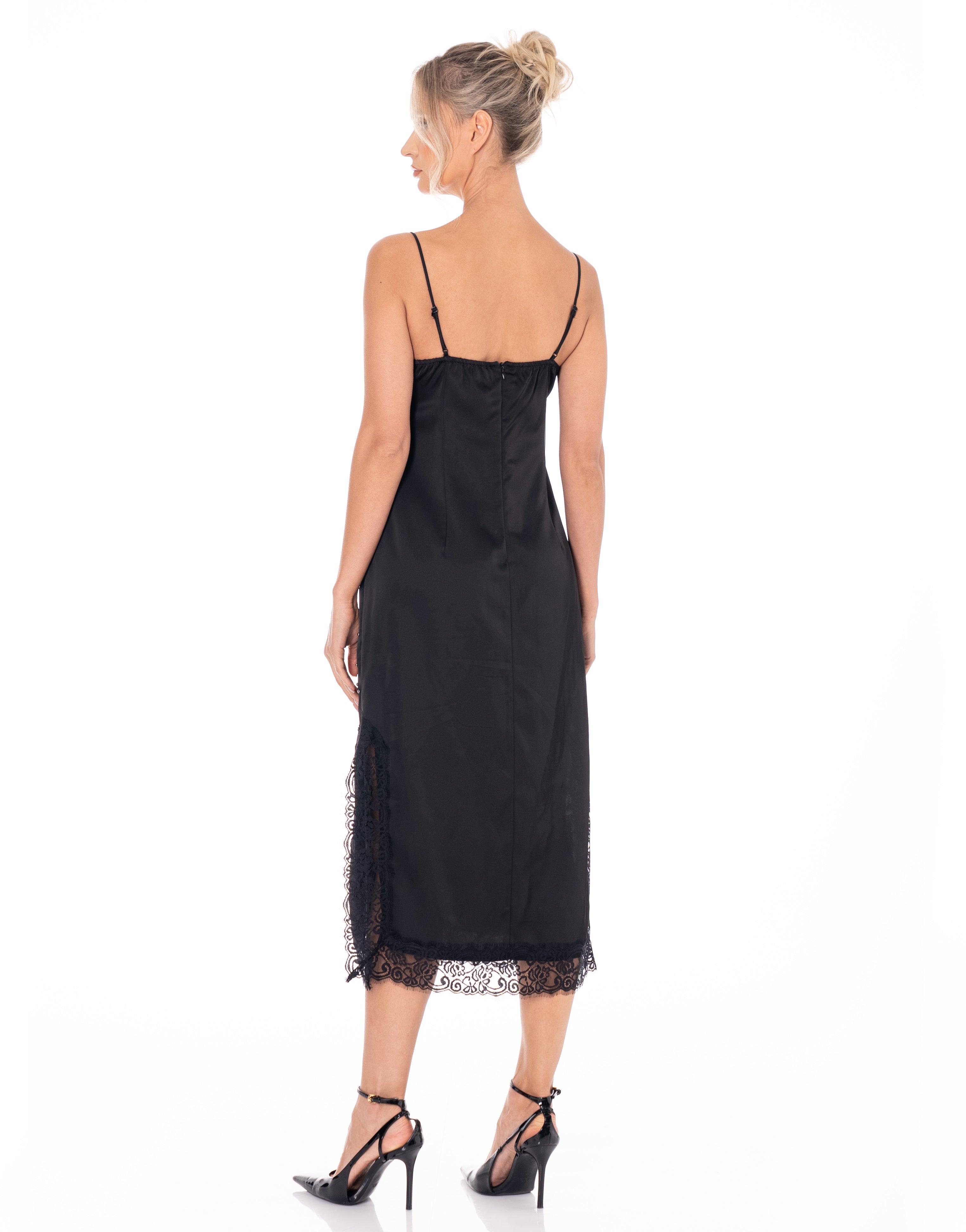 Lace-Trim Midi Black Dress - Black