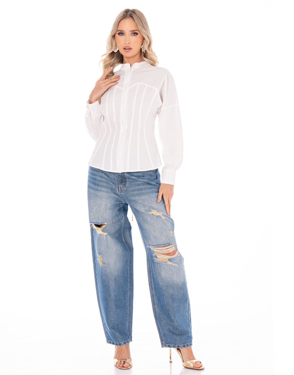 Structured Long-Sleeve Button-Down Top - White