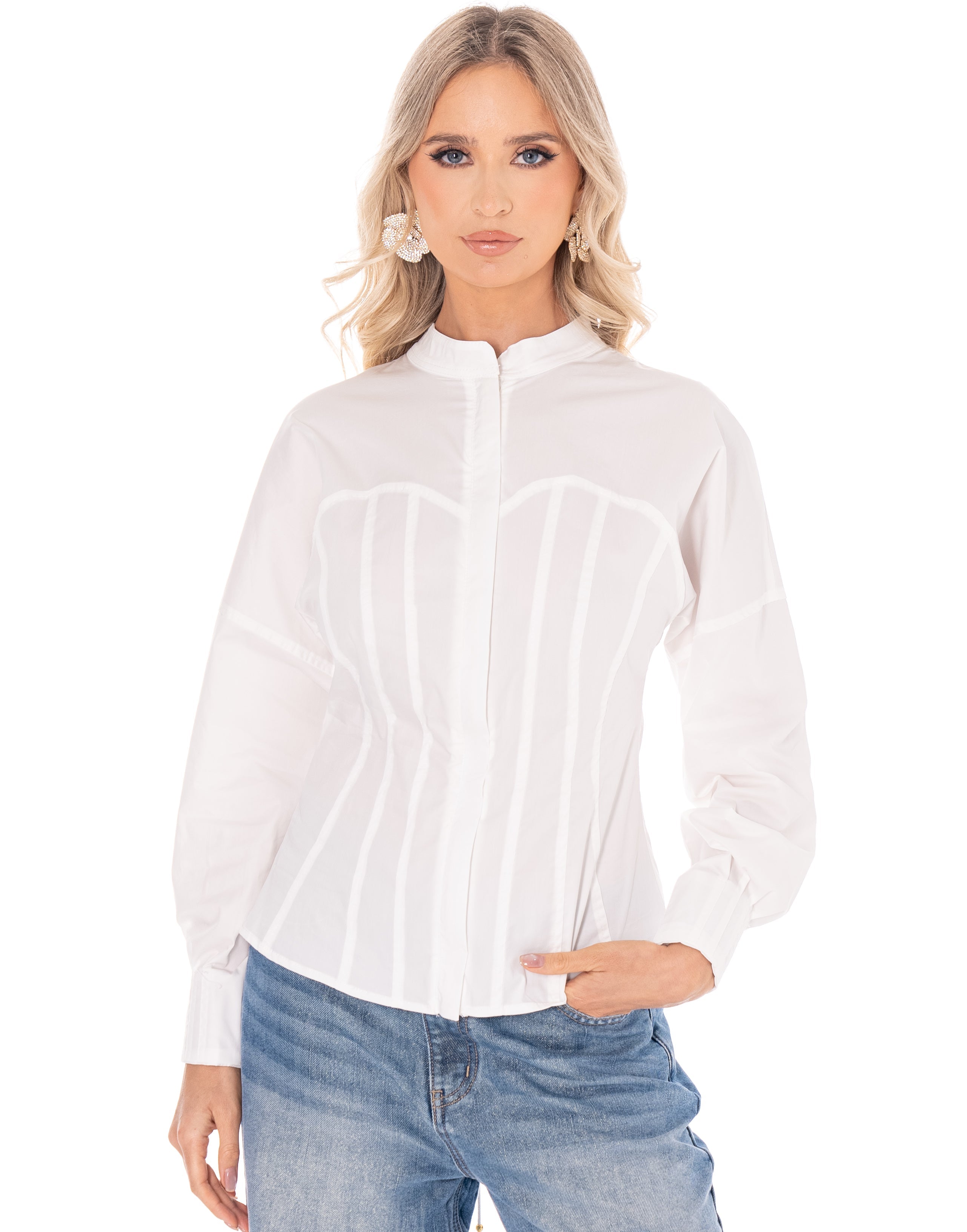 Structured Long-Sleeve Button-Down Top - White