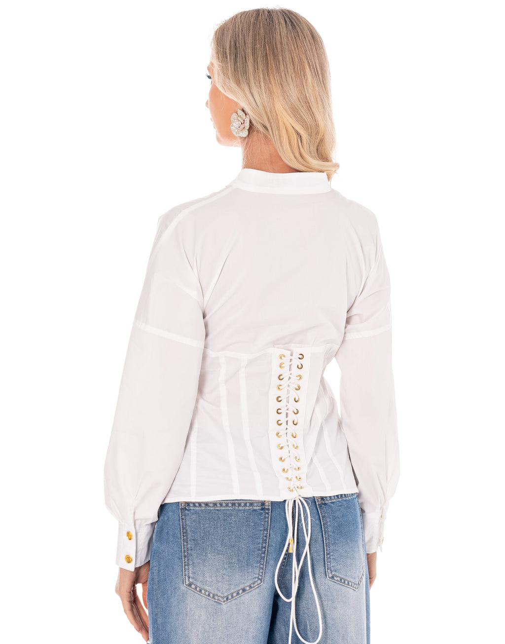Structured Long-Sleeve Button-Down Top - White