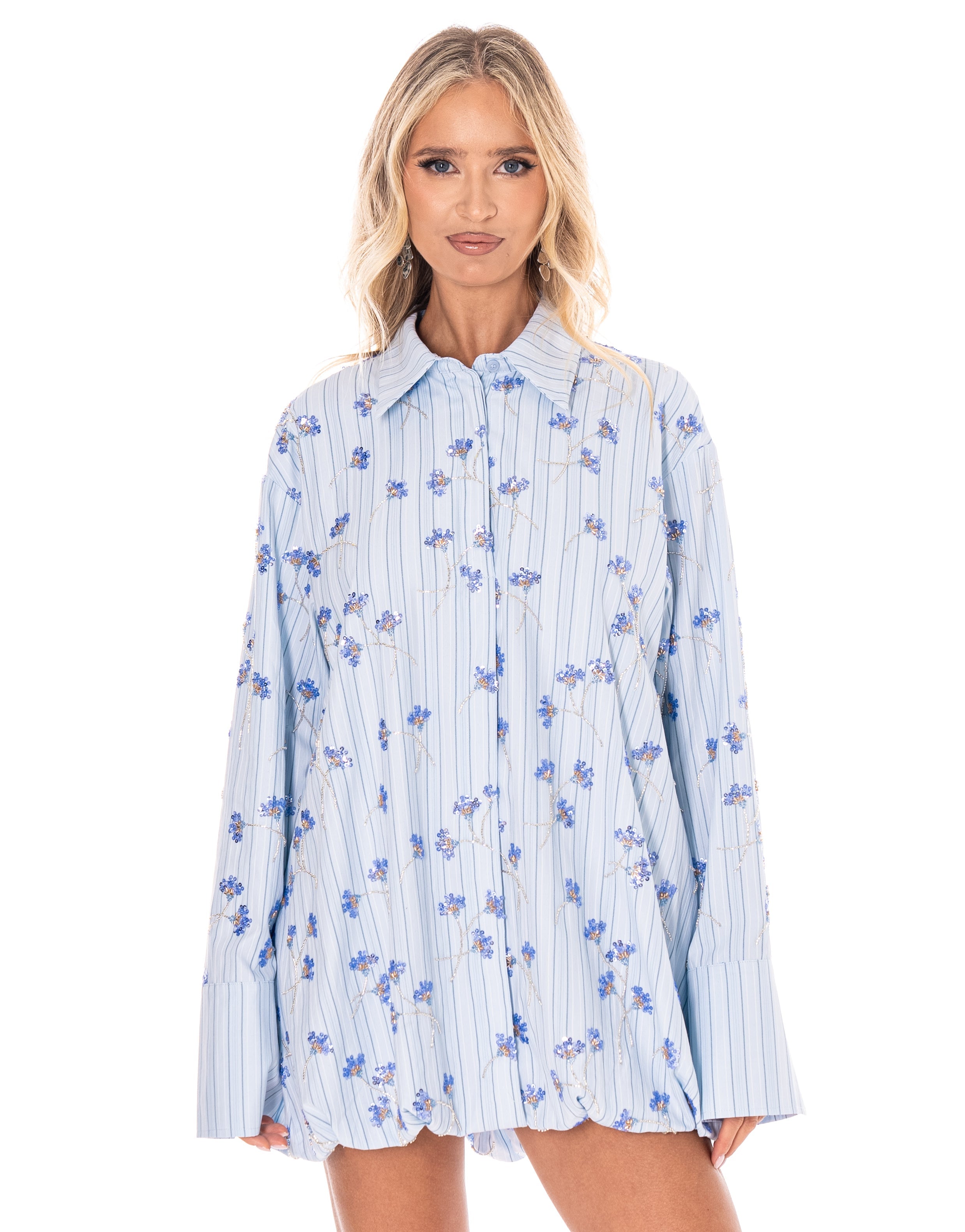 Floral Long Sleeve Shirt Top - Light Blue