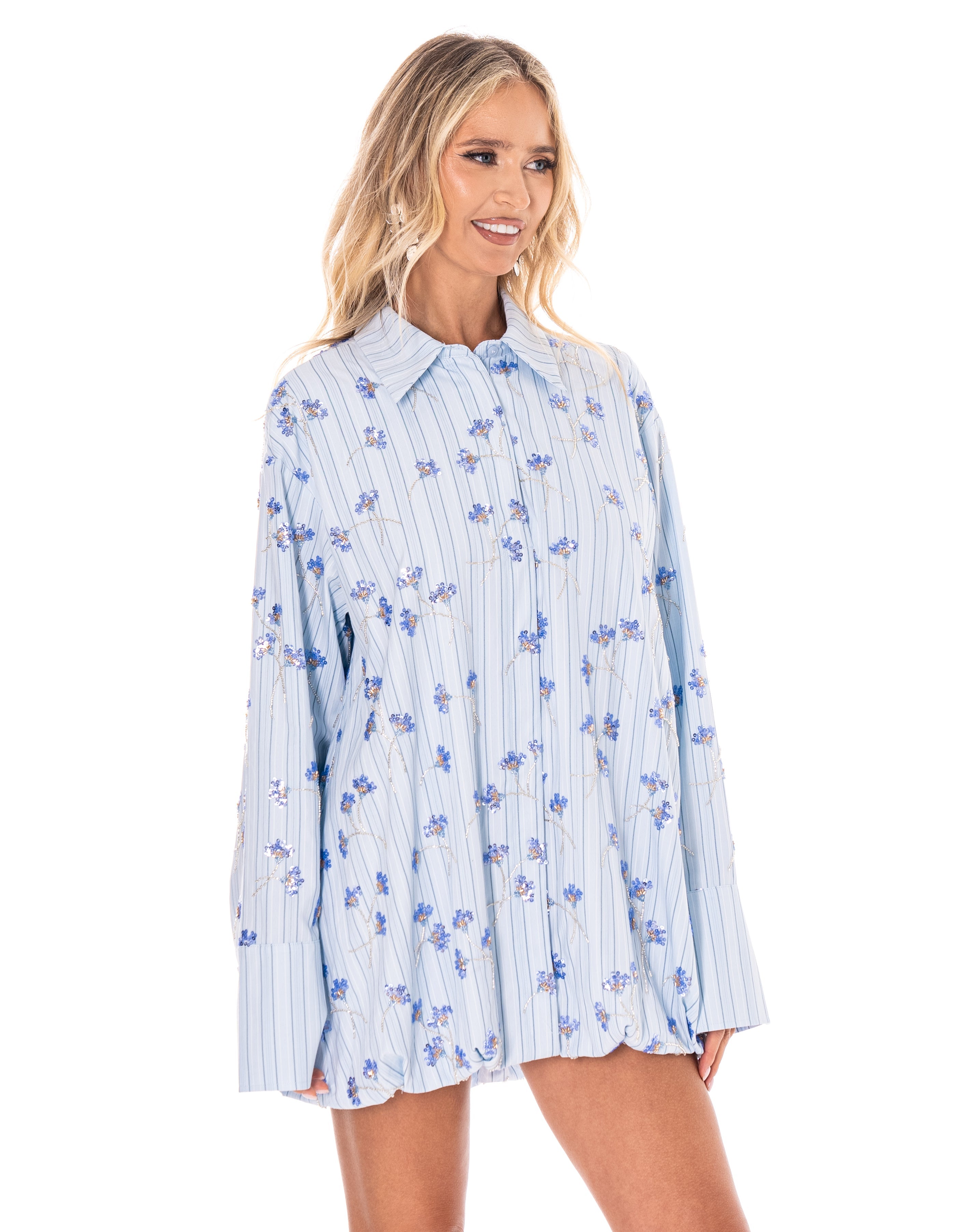 Floral Long Sleeve Shirt Top - Light Blue