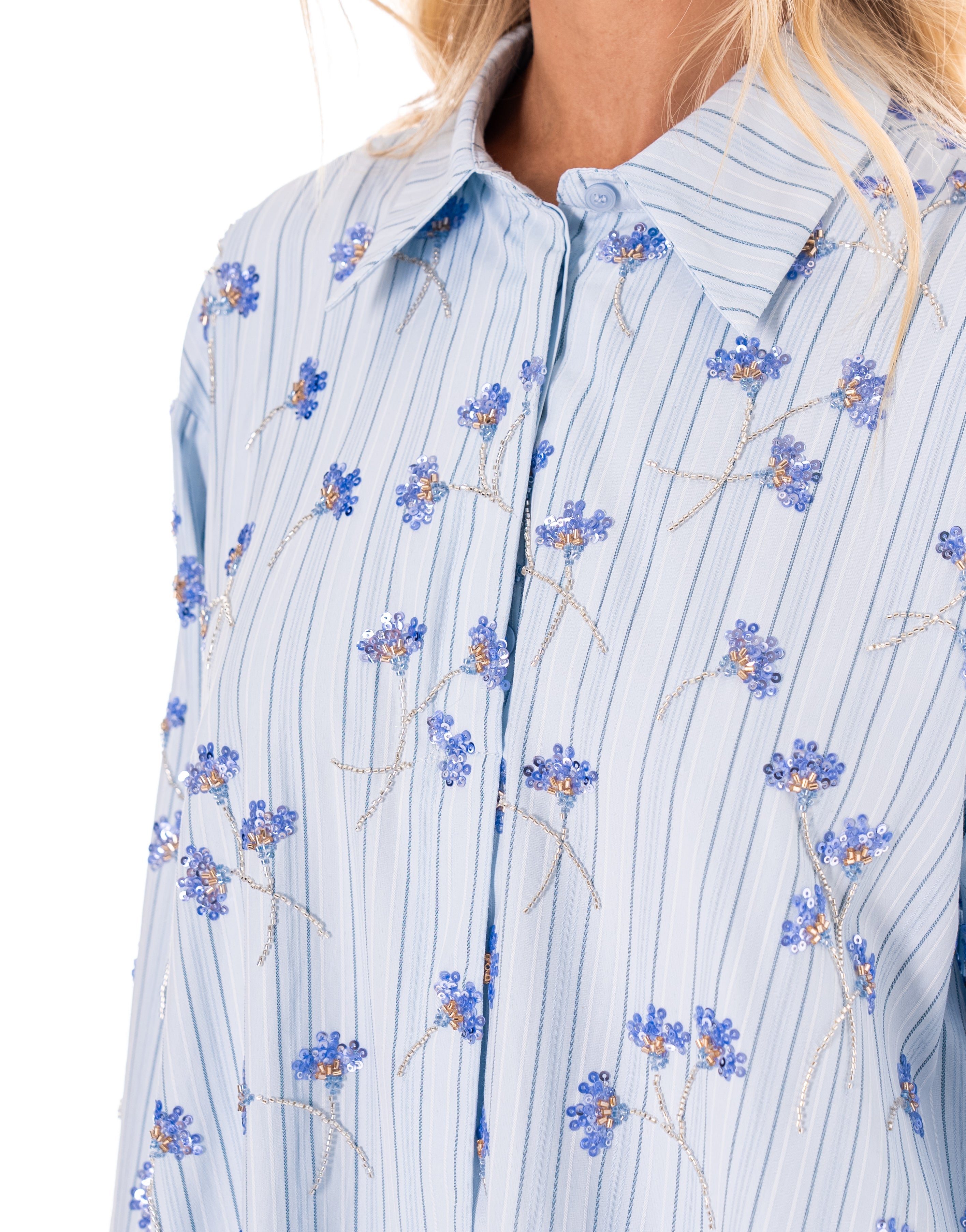 Floral Long Sleeve Shirt Top - Light Blue