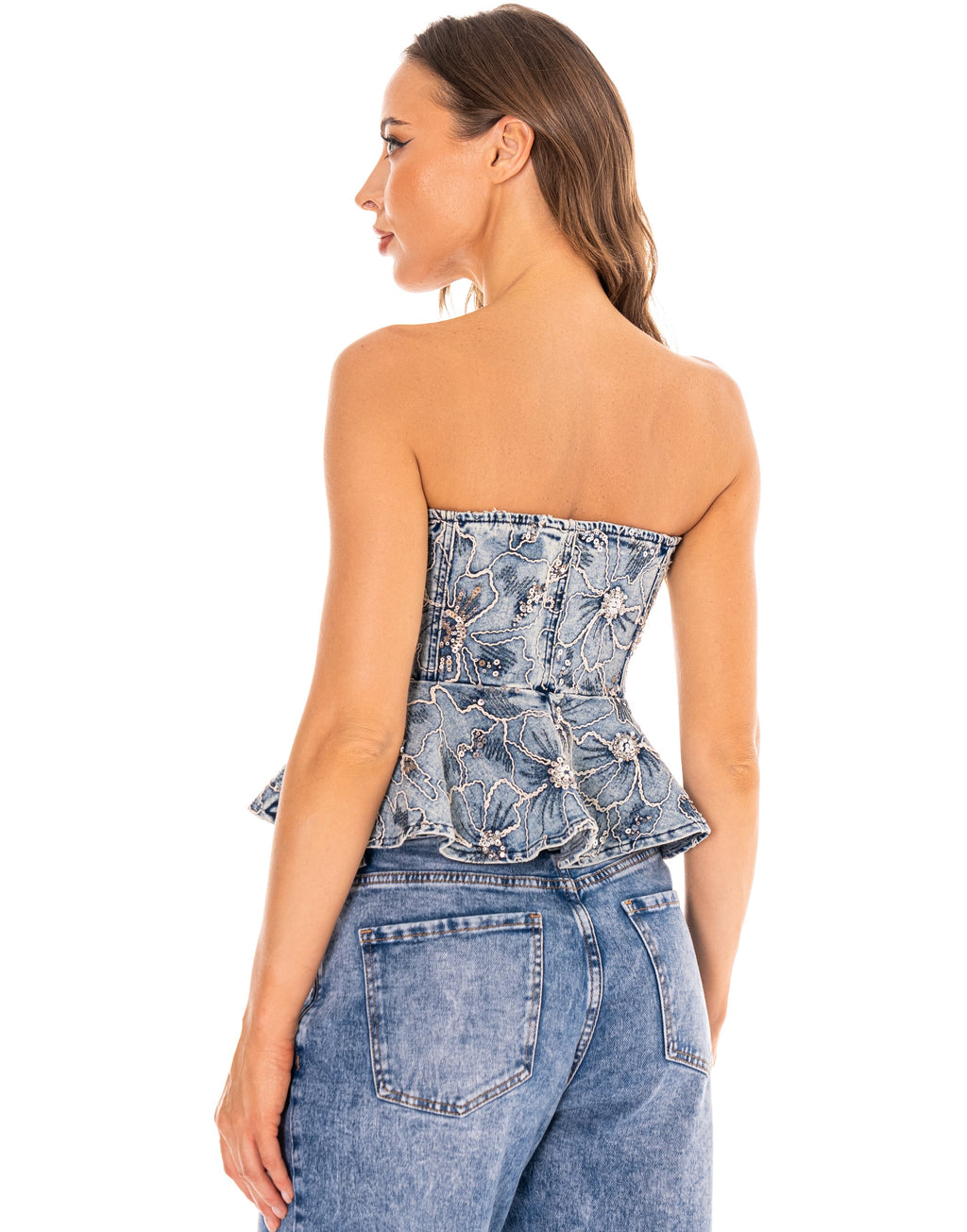 Denim Strapless Peplum Top - Denim