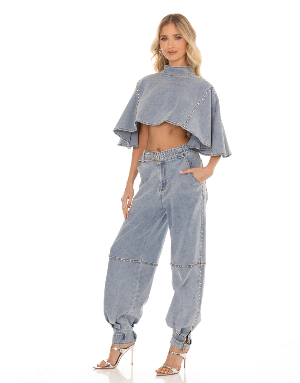 Denim Crop Top with Cape Sleeves - Denim