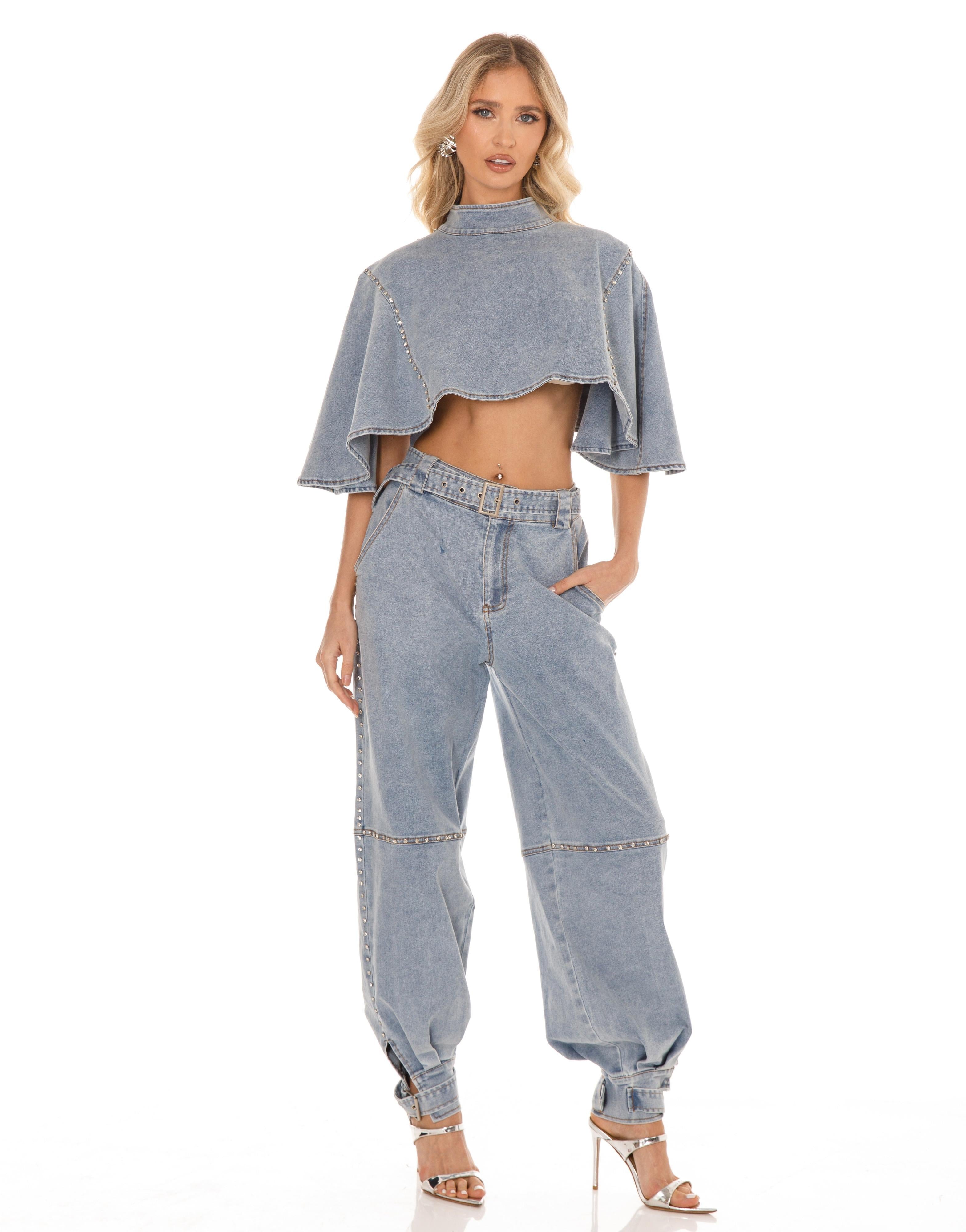 Denim Crop Top with Cape Sleeves - Denim
