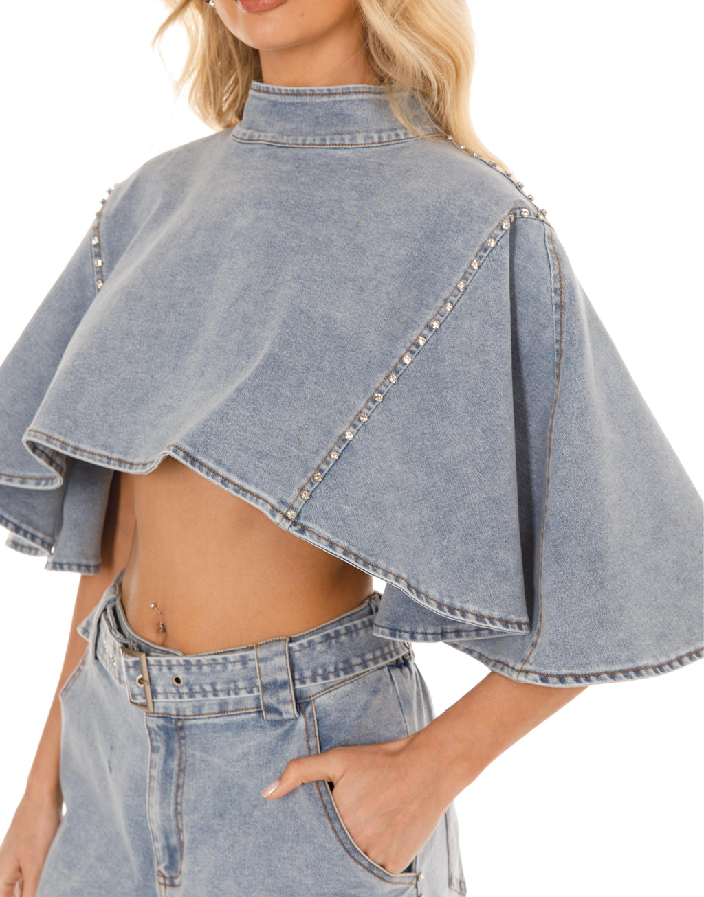 Denim Crop Top with Cape Sleeves - Denim