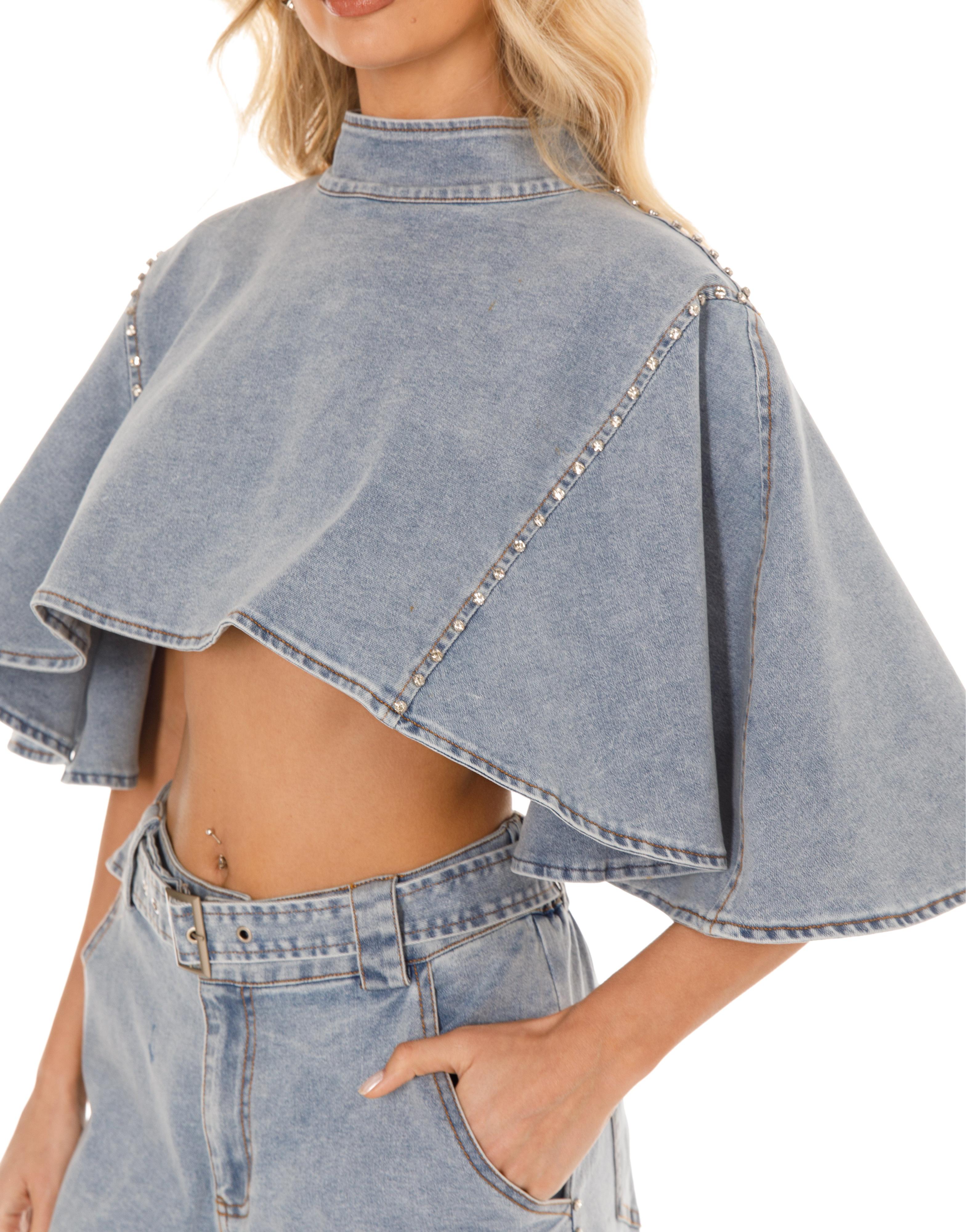 Denim Crop Top with Cape Sleeves - Denim
