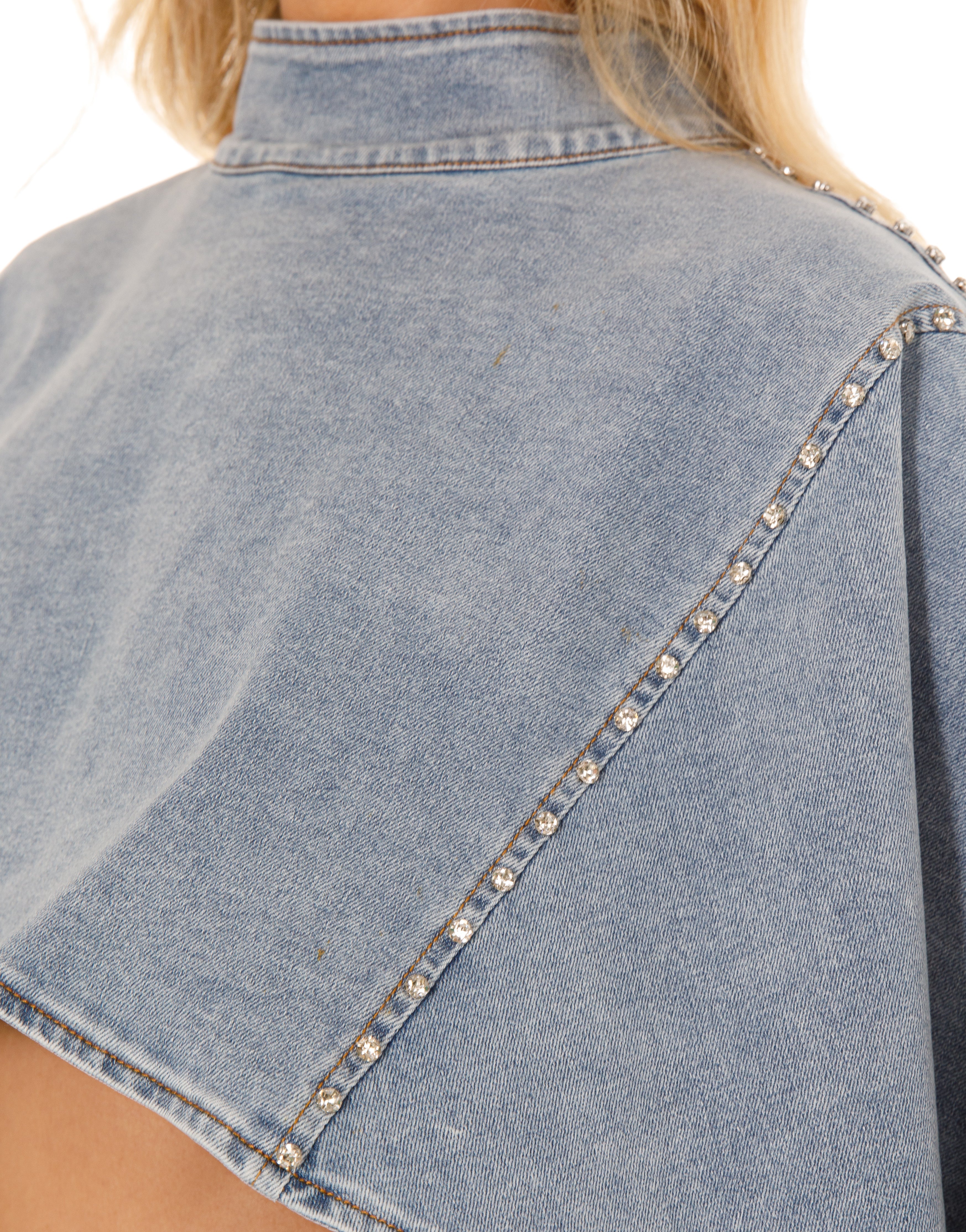 Denim Crop Top with Cape Sleeves - Denim